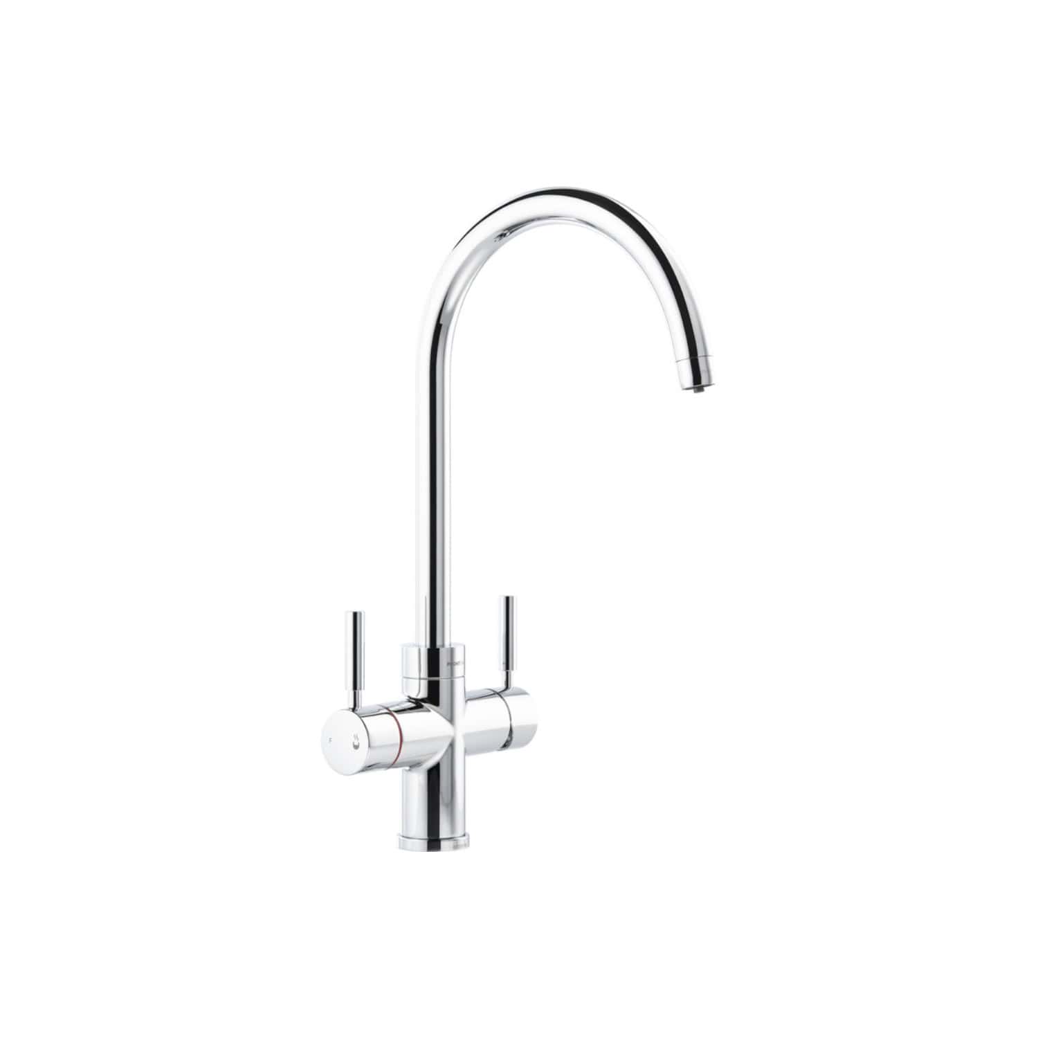 Sleek chrome kitchen tap with a high-arc spout and two side handles, perfect for modern bathroom or kitchen plumbing solutions. Durable and stylish design for functional everyday use.