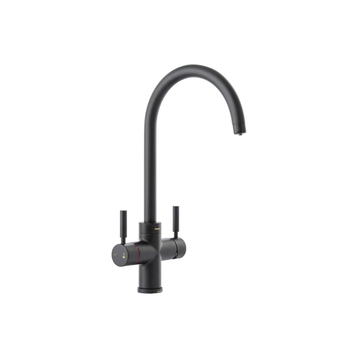Black matte kitchen mixer tap with two handles, modern design, ideal for contemporary bathroom or kitchen interiors, high-quality finish from Bubly Bathrooms.