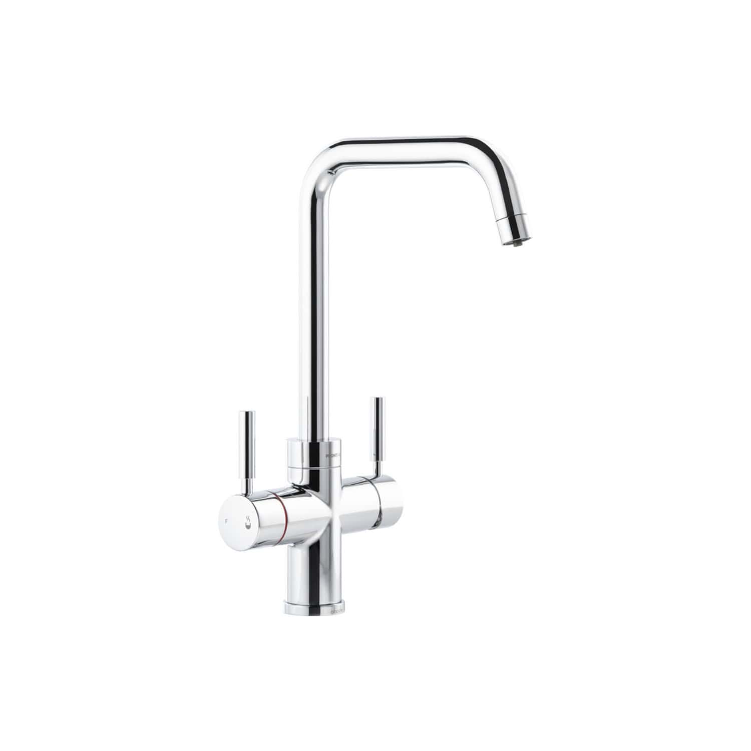 Sleek chrome kitchen tap with dual handles and high-arc spout, designed for modern bathrooms and kitchens, offering durability and style. Perfect for a contemporary bathroom setup.