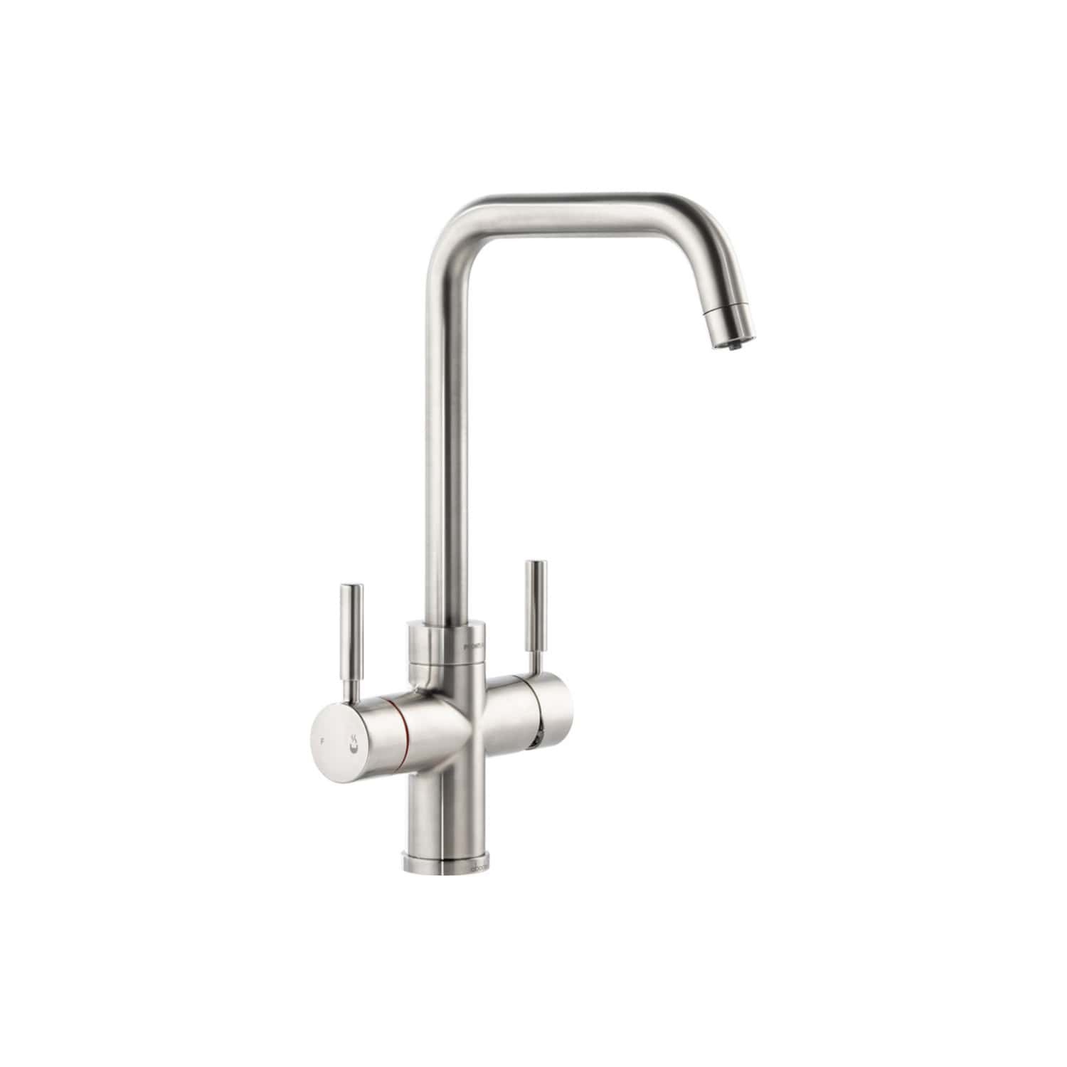 Stainless steel kitchen tap with dual lever handles, modern design, suitable for contemporary bathrooms and kitchens, high-quality faucet for premium bathroom renovations.