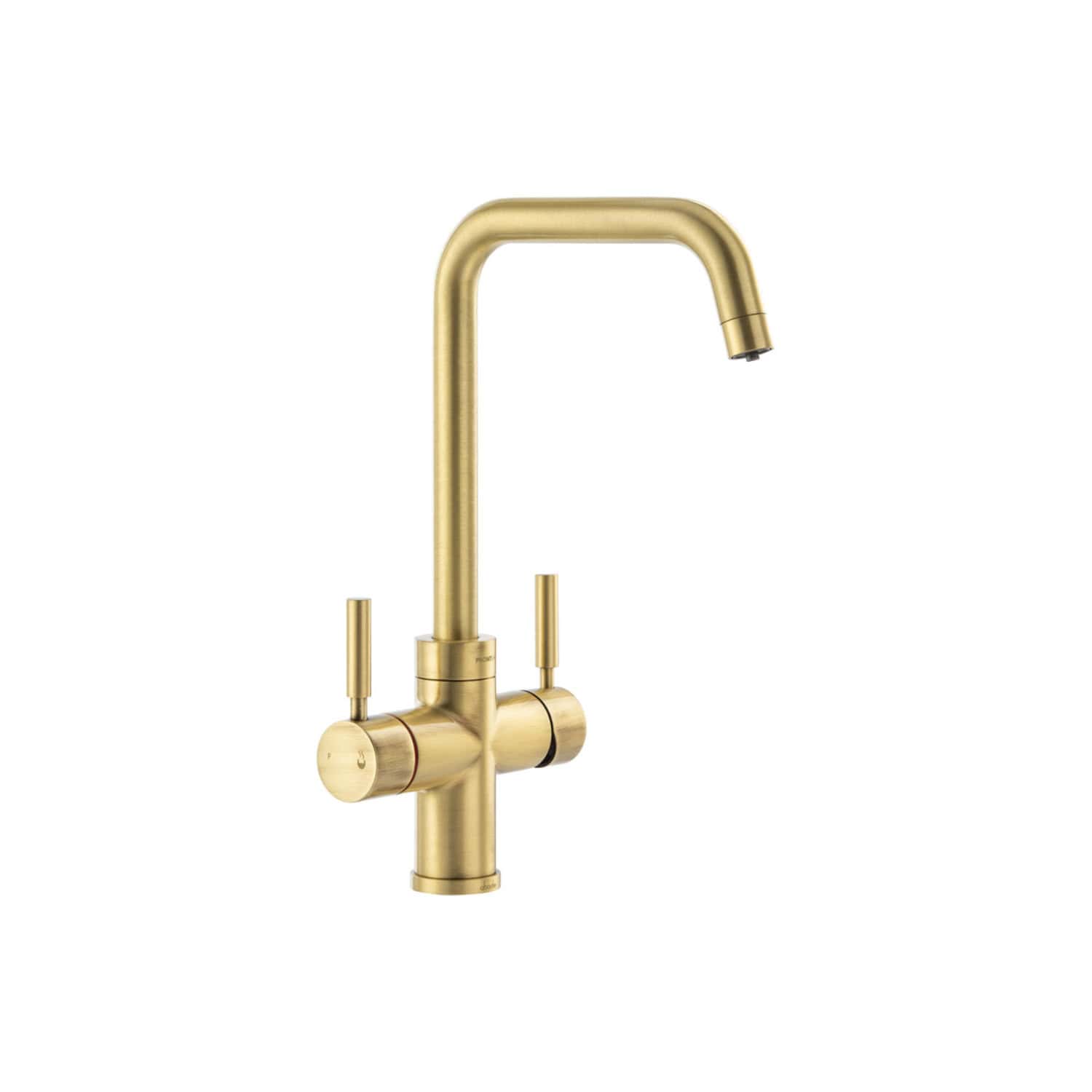 Polished gold kitchen bathroom mixer tap with dual handles and high arched spout, modern design by Bubly Bathrooms.