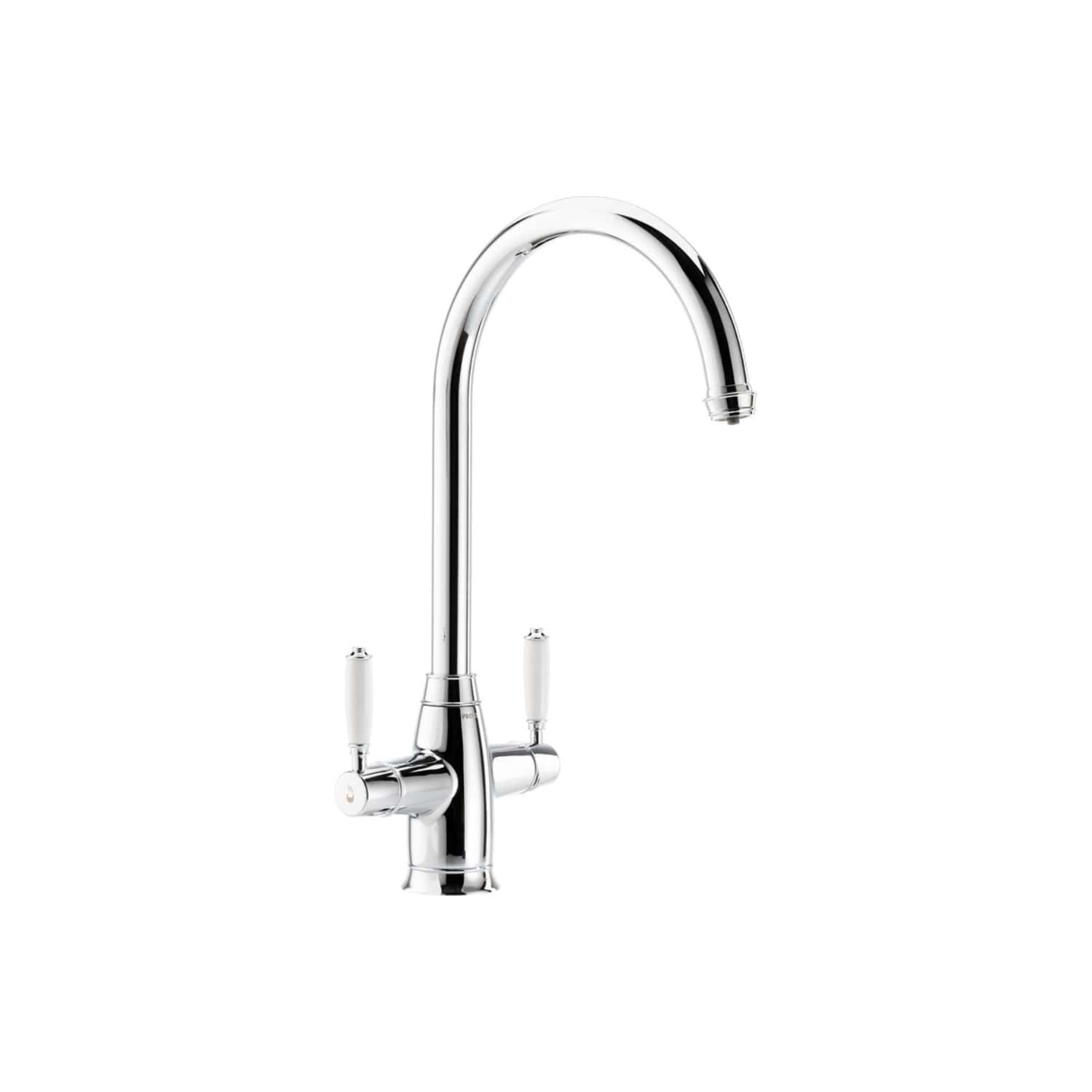Sleek chrome kitchen tap with dual handles and high-arc spout, ideal for modern bathroom or kitchen installations, offering durability and stylish design.
