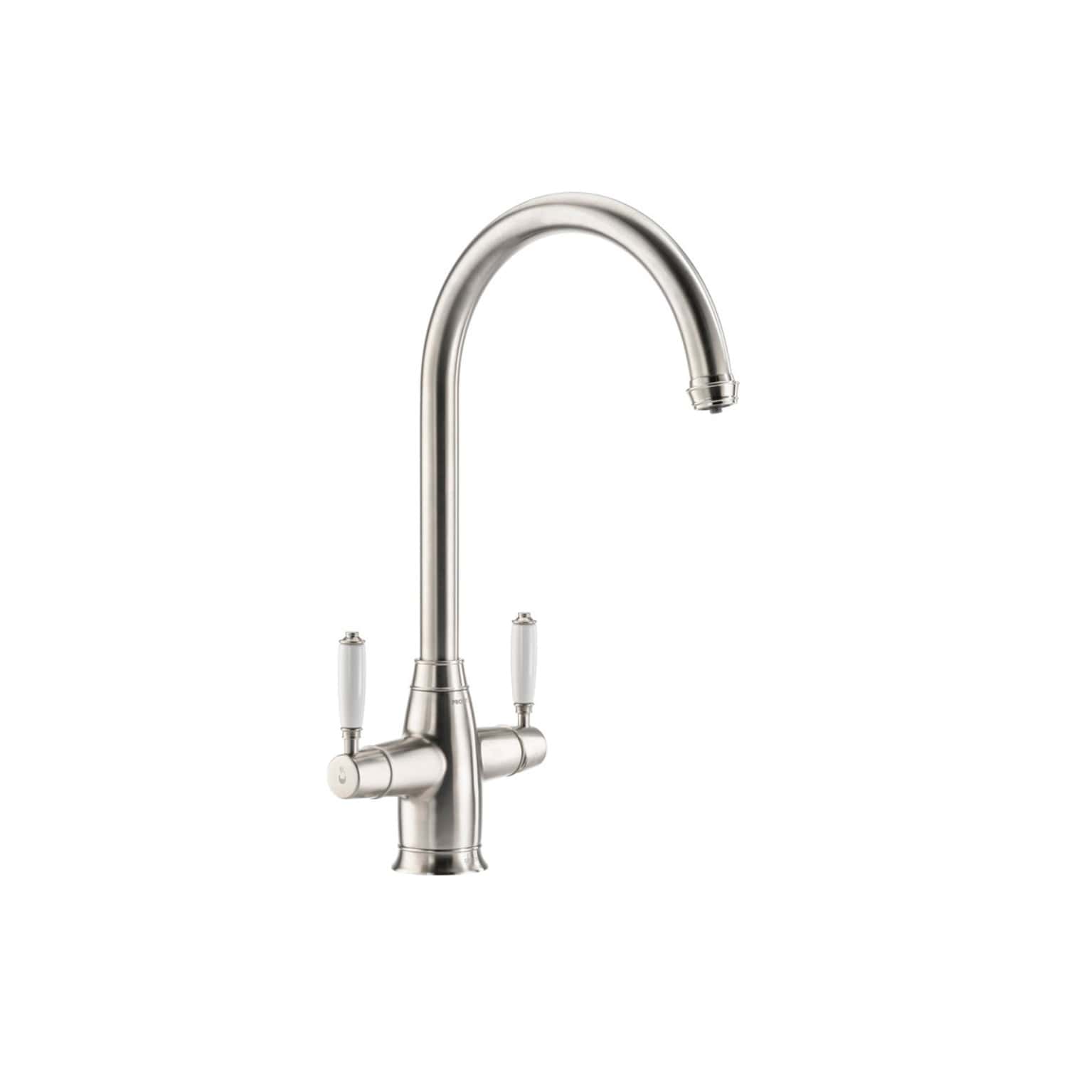 Bright stainless steel kitchen sink tap with dual control levers, high-arc spout, modern design, perfect for contemporary bathroom and kitchen upgrades, durable and stylish.
