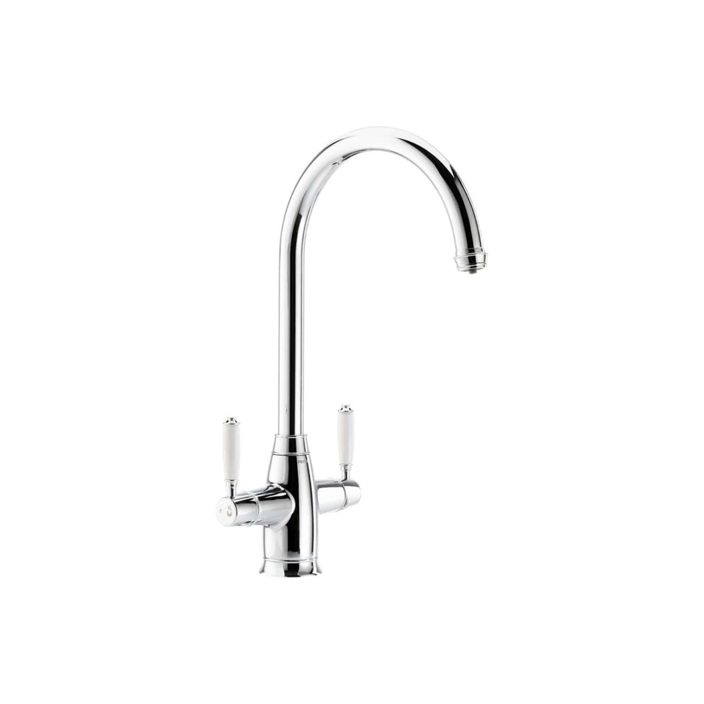 Sleek chrome kitchen tap with dual handles and a high curved spout for modern bathroom or kitchen sinks. Durable, stylish, and easy to install for everyday use.