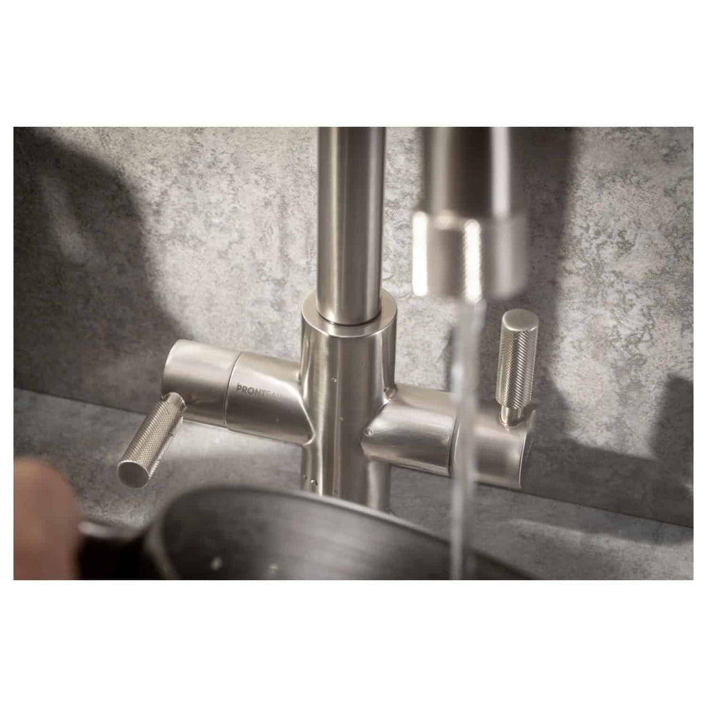 Sleek stainless steel kitchen tap with modern design, dual handles, and a high-arc spout, perfect for contemporary bathrooms and kitchens. High-quality fixtures from Bubly Bathrooms.
