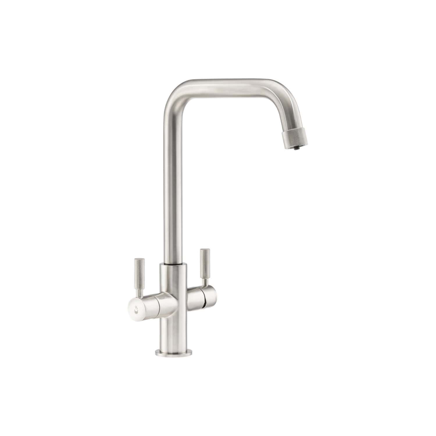 Sleek stainless steel kitchen tap with dual lever handles and high arc spout, ideal for modern bathroom or kitchen installations. Durable and stylish design perfect for water efficiency and contemporary interiors.