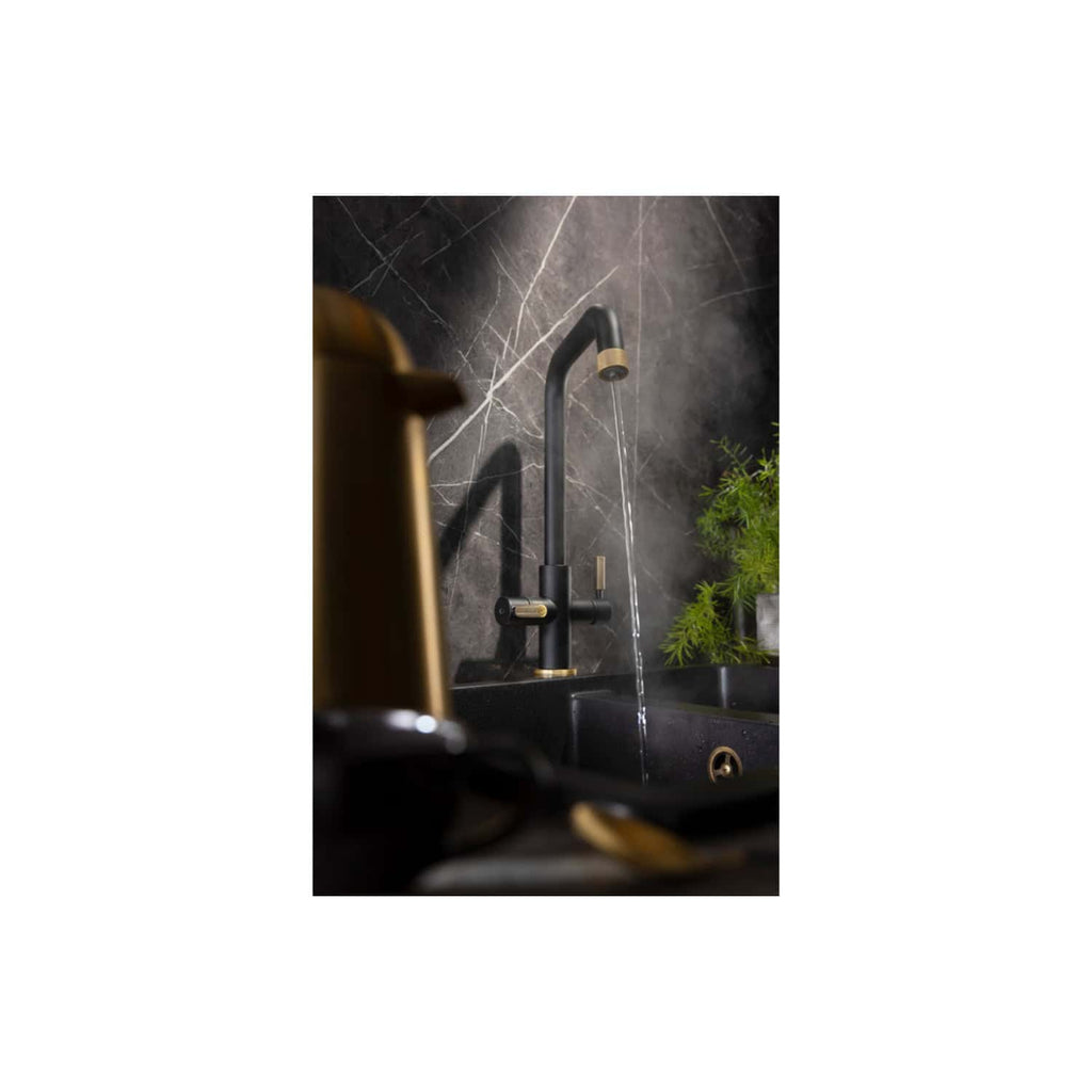 Elegant black matte kitchen tap with gold accents on a dark marble backsplash, featuring a sleek modern design and functional features, ideal for contemporary bathrooms or kitchens.