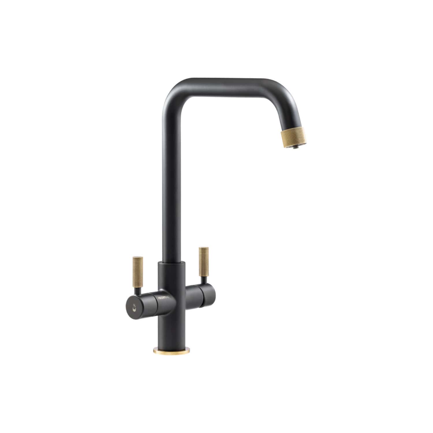 Brass-tipped matte black kitchen sink mixer tap with modern, industrial design. Features dual handles and a high-arc spout, ideal for stylish and functional bathroom or kitchen updates.