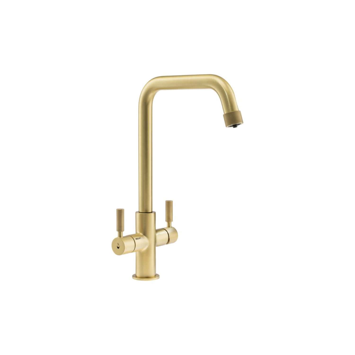 Gold kitchen tap with modern design, perfect for contemporary bathroom or kitchen upgrades, featuring dual handles for hot and cold water control.