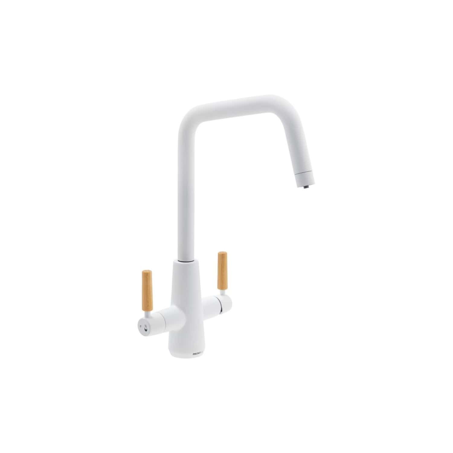 Modern white kitchen tap with wooden handles, high arc spout, ideal for contemporary bathroom or kitchen renovation, premium quality faucet from Bubly Bathrooms.