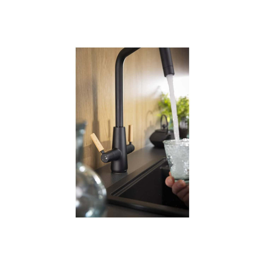 ELEGANT BLACK KITCHEN FAUCET WITH TOUCH-FREE DESIGN AND NATURAL WOOD ACCENTS, IDEAL FOR MODERN BATHROOM OR KITCHEN INTERIORS, PROVIDING CONVENIENT AND HYGENIC WATER ACCESS IN STYLE.
