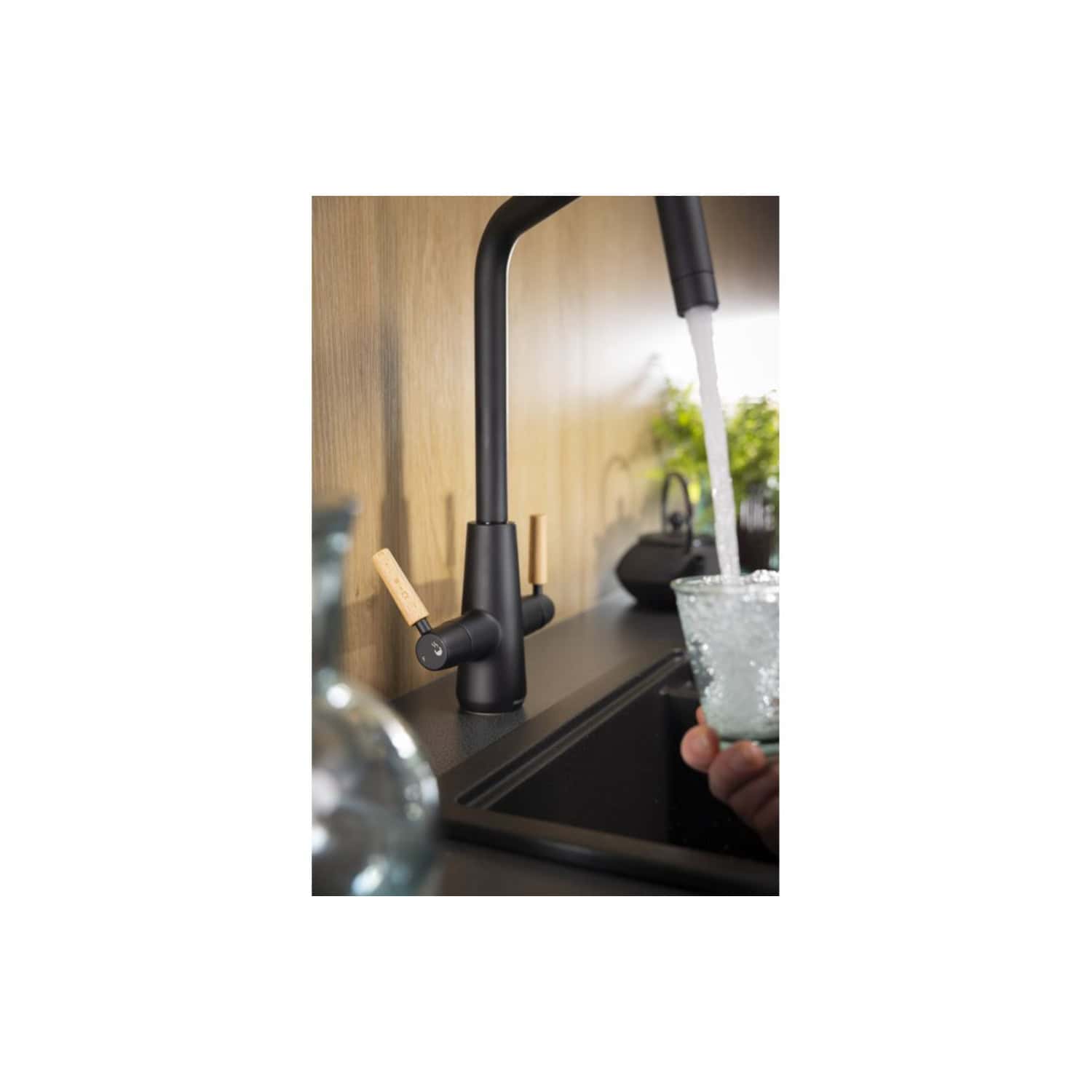 ELEGANT BLACK KITCHEN FAUCET WITH TOUCH-FREE DESIGN AND NATURAL WOOD ACCENTS, IDEAL FOR MODERN BATHROOM OR KITCHEN INTERIORS, PROVIDING CONVENIENT AND HYGENIC WATER ACCESS IN STYLE.
