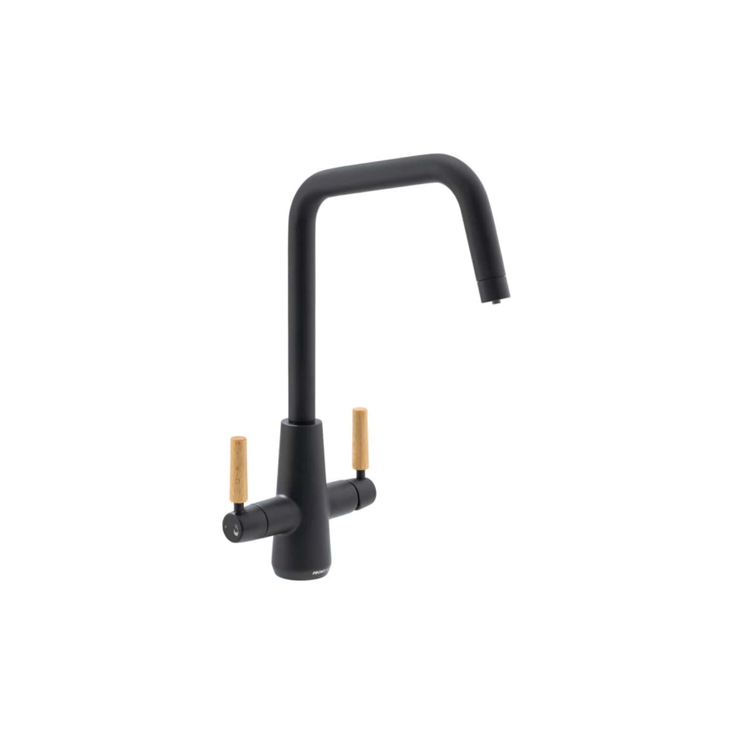 Sleek black kitchen tap with dual wooden handles, modern design, ideal for contemporary bathrooms and kitchens, high-quality fixtures, durable finish, ergonomic, easy to use.