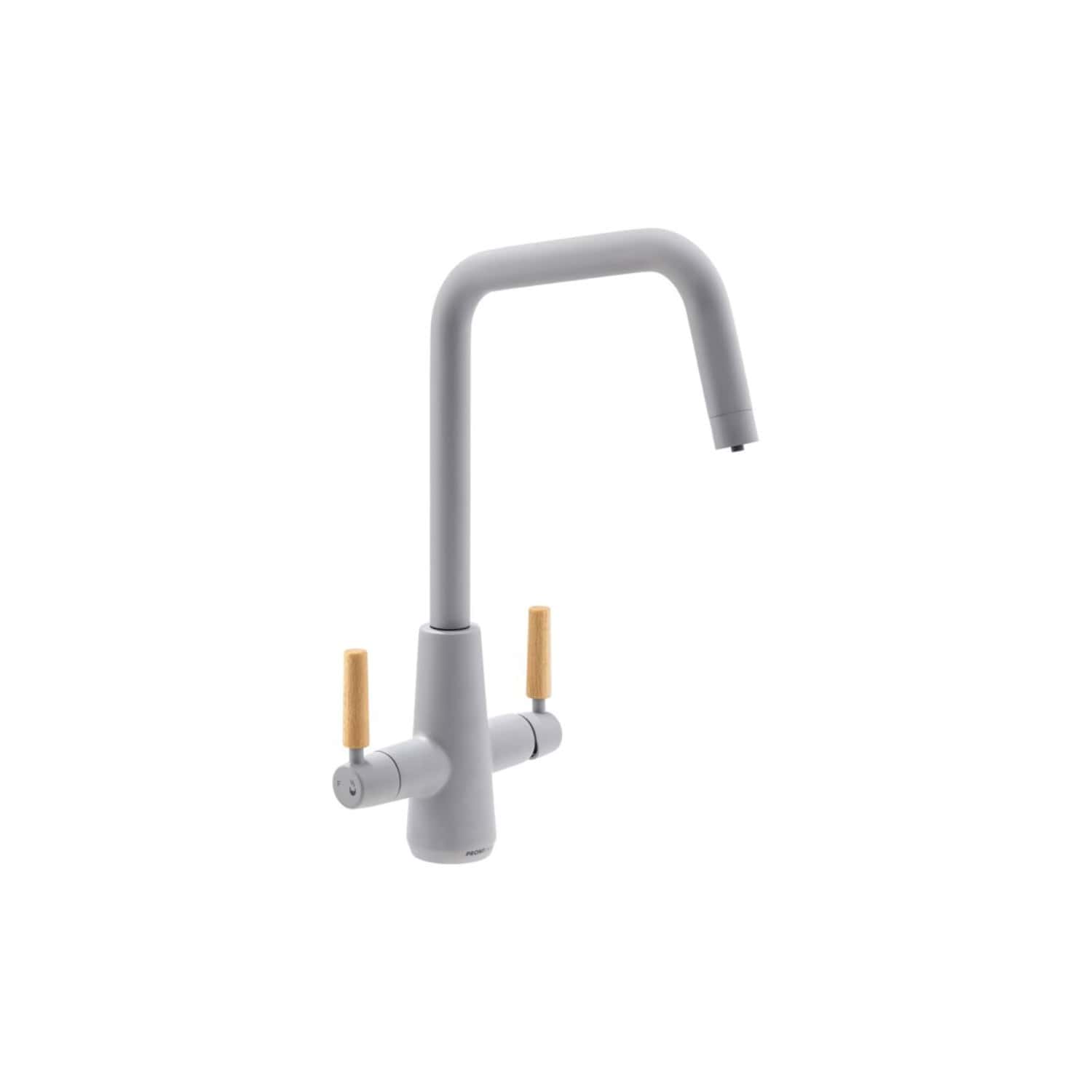 Sleek modern kitchen tap with wooden handles, chrome finish and high-arc spout, perfect for contemporary kitchens and sink upgrades.