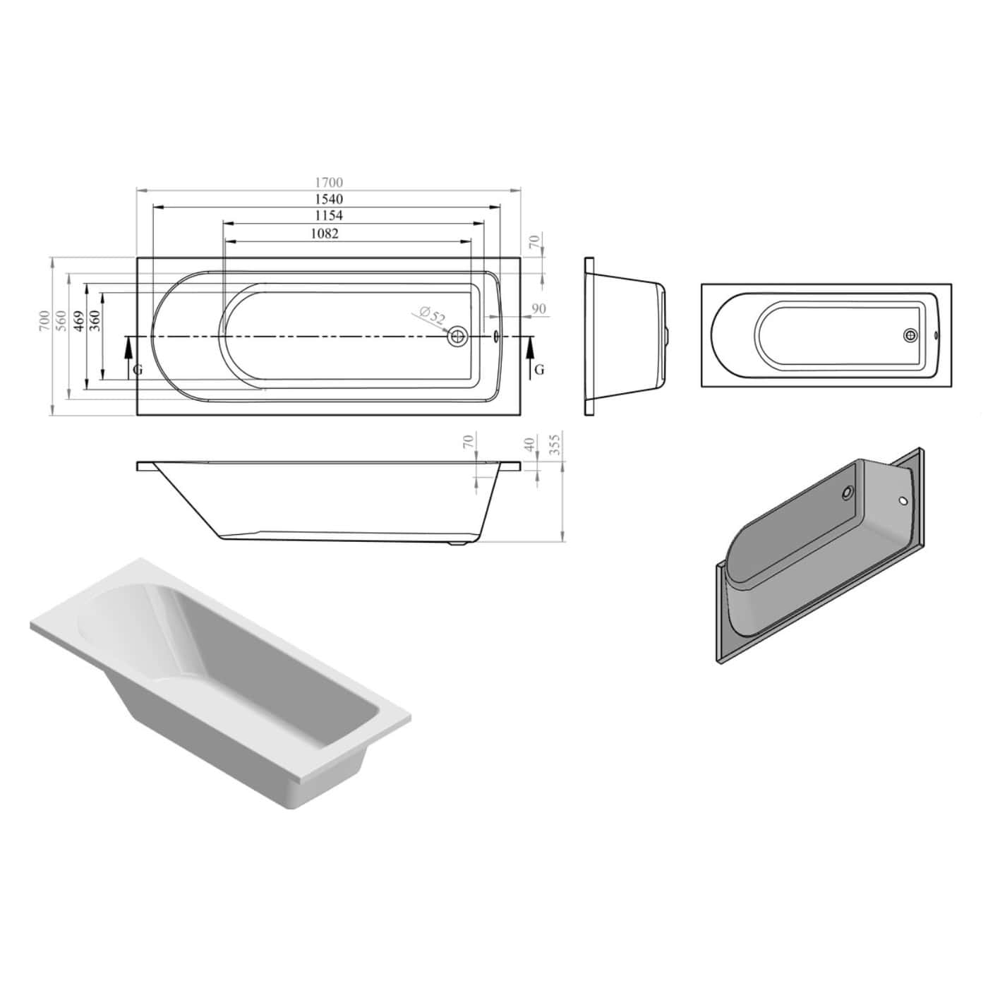 High-quality technical blueprint of a modern bathtub with detailed dimensions and specifications for bathroom design and renovation projects.