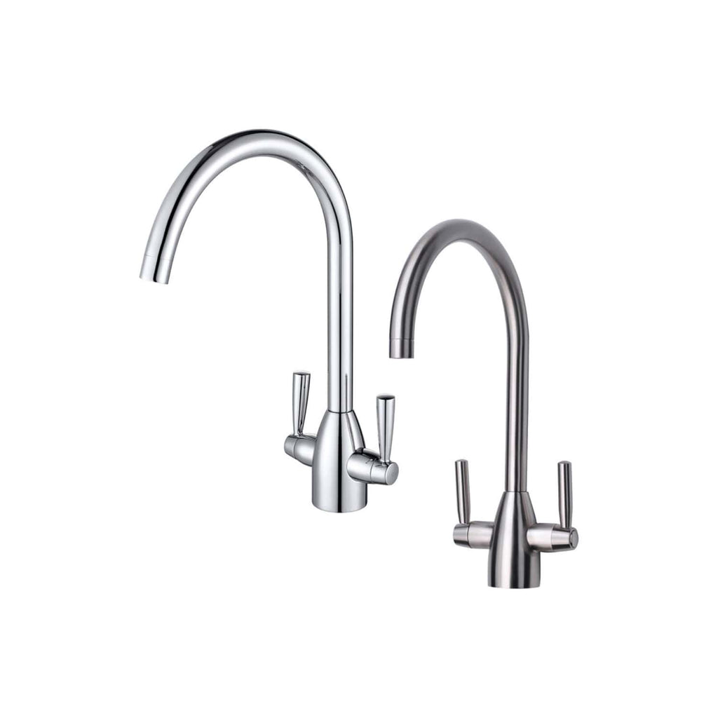 Chrome kitchen taps with high-arc design, ideal for modern bathrooms and kitchens, offering durability and style for contemporary home upgrades.