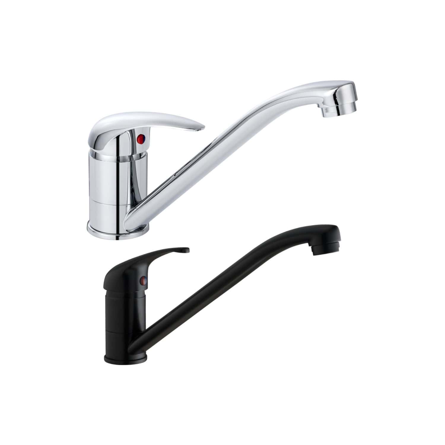 Sleek modern kitchen taps in chrome and black finishes, perfect for stylish bathroom or kitchen remodels, offering durability and contemporary design.