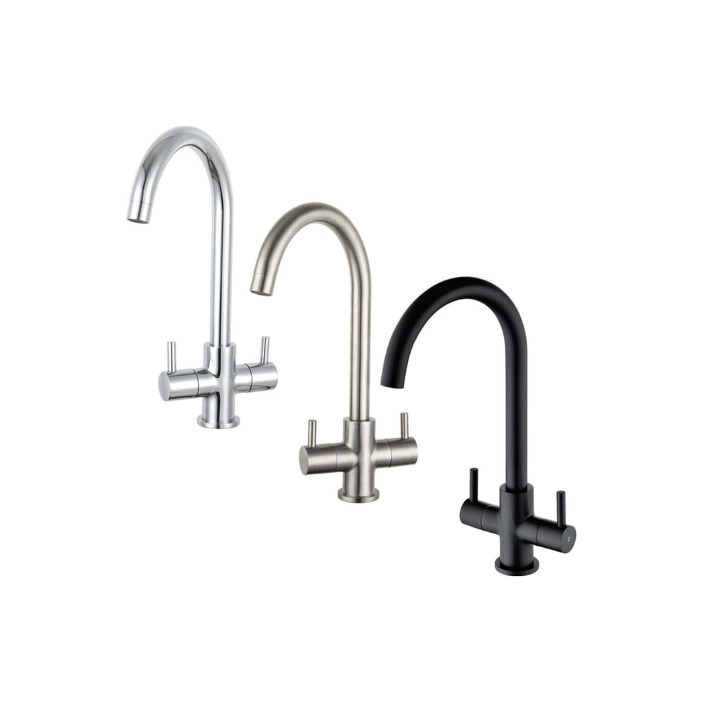 Sleek modern kitchen taps in stainless steel, brushed finish, and matte black, designed for contemporary bathroom or kitchen upgrade, showcasing durability and stylish design.
