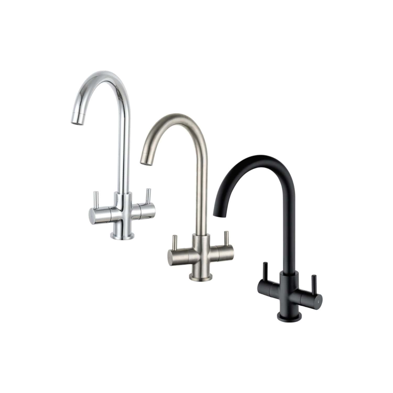 Sleek modern kitchen taps in stainless steel, brushed finish, and matte black, designed for contemporary bathroom or kitchen upgrade, showcasing durability and stylish design.