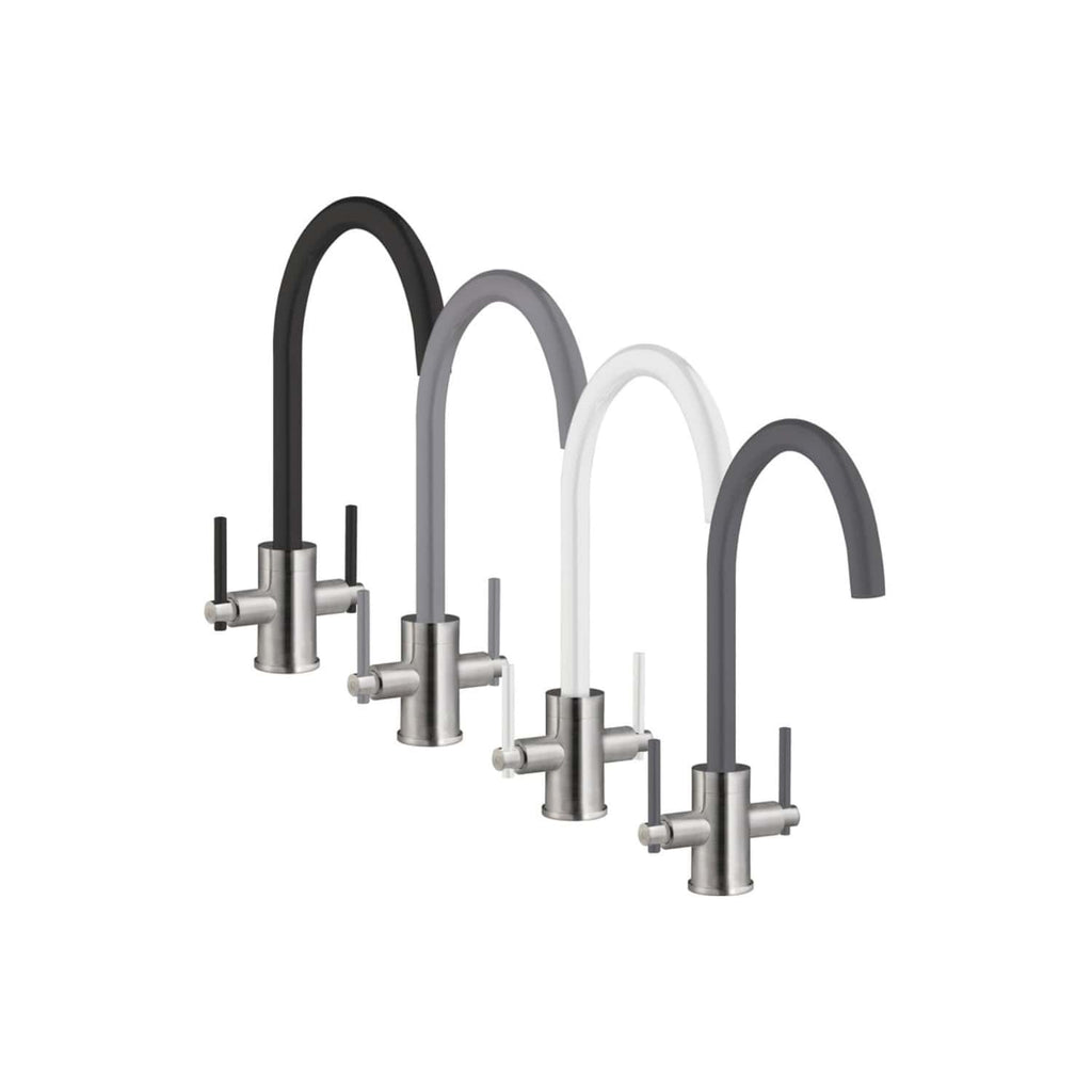 Sleek modern kitchen taps in black, grey, white, and matte black finishes, featuring contemporary design, ideal for stylish kitchen renovation and tap upgrades.