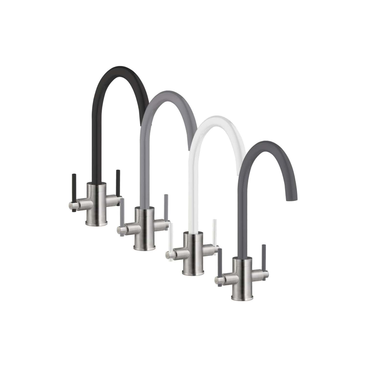 Sleek modern kitchen taps in black, grey, white, and matte black finishes, featuring contemporary design, ideal for stylish kitchen renovation and tap upgrades.