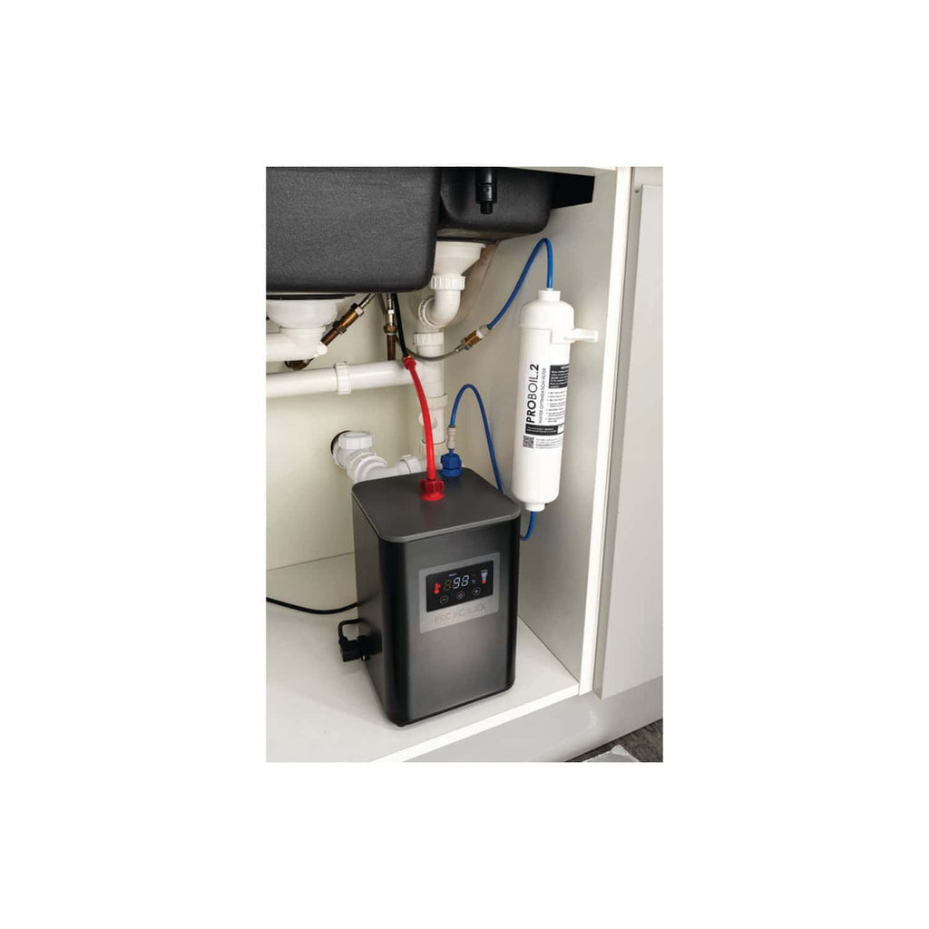 Reliable water filtration system under the bathroom sink, featuring ProBoll 2 water filter, digital temperature control, and transparent piping for optimal water quality and safety.