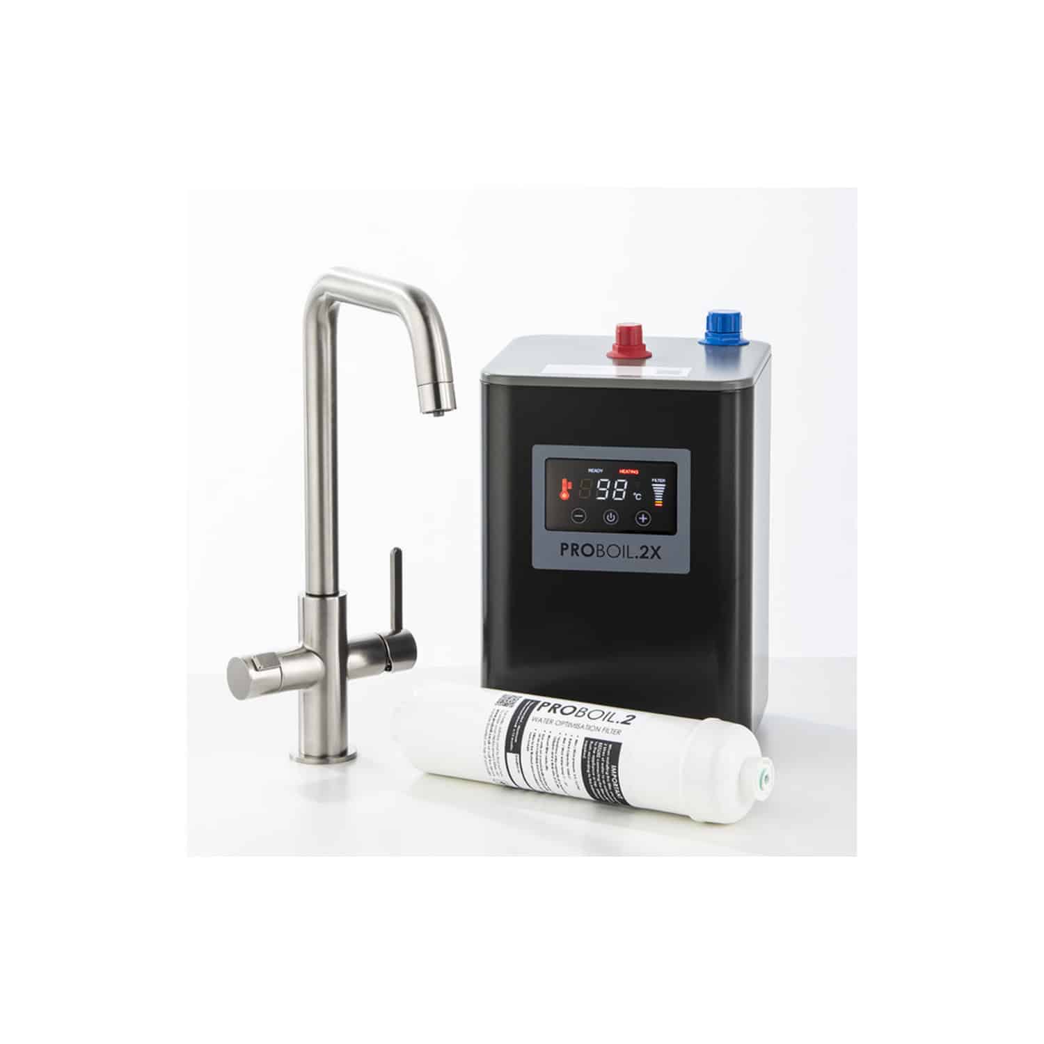 Plumbing water filtration system with filter cartridge, digital control unit, and stainless steel tap for clean, filtered water in bathrooms.