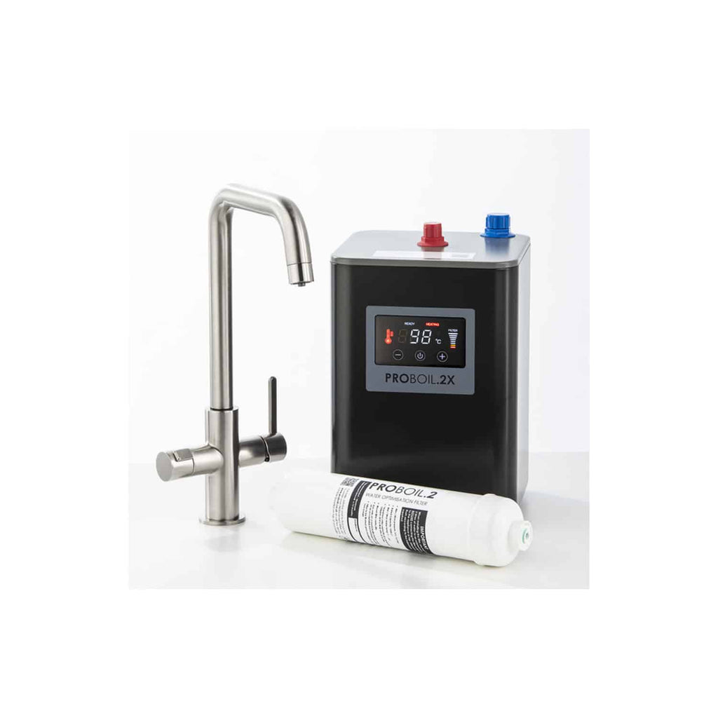 Plumbing water filtration system with filter cartridge, digital control unit, and stainless steel tap for clean, filtered water in bathrooms.