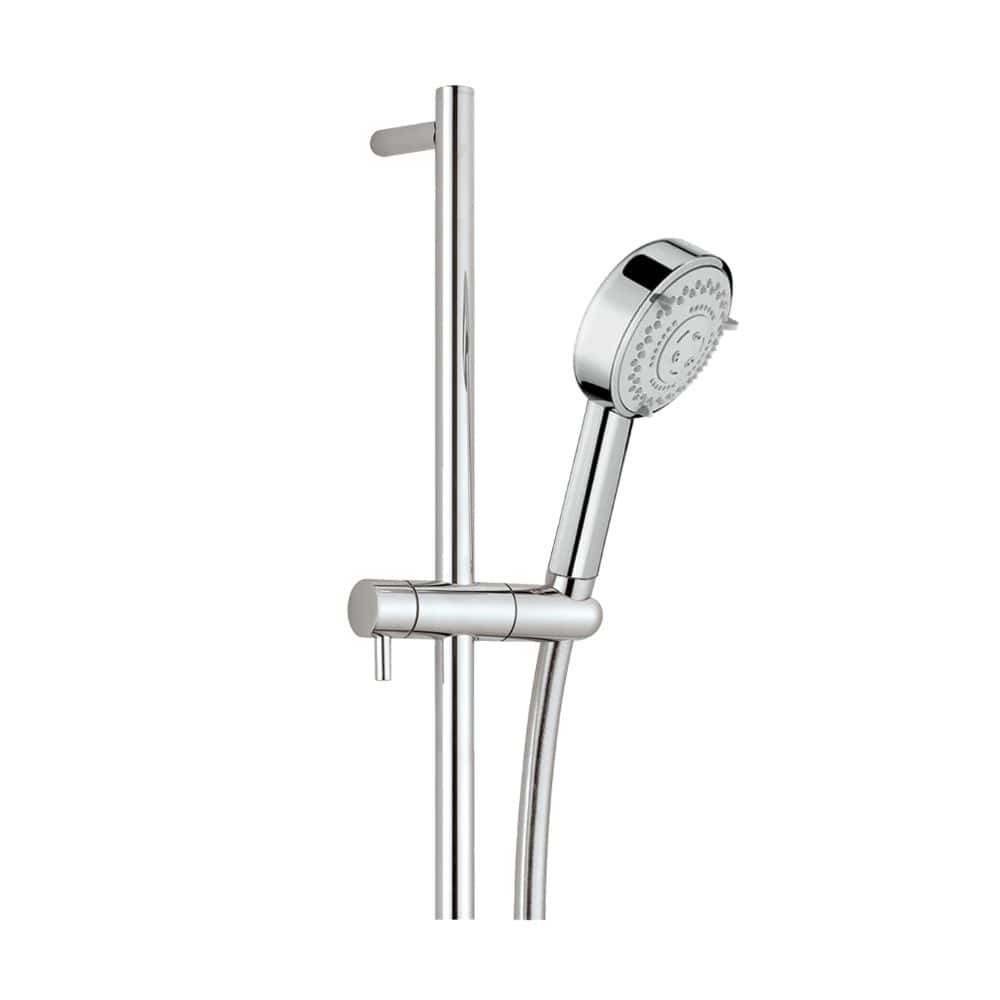 Shower rail with adjustable handheld shower head and slide bar, modern bathroom shower fixture for Bubly Bathrooms.
