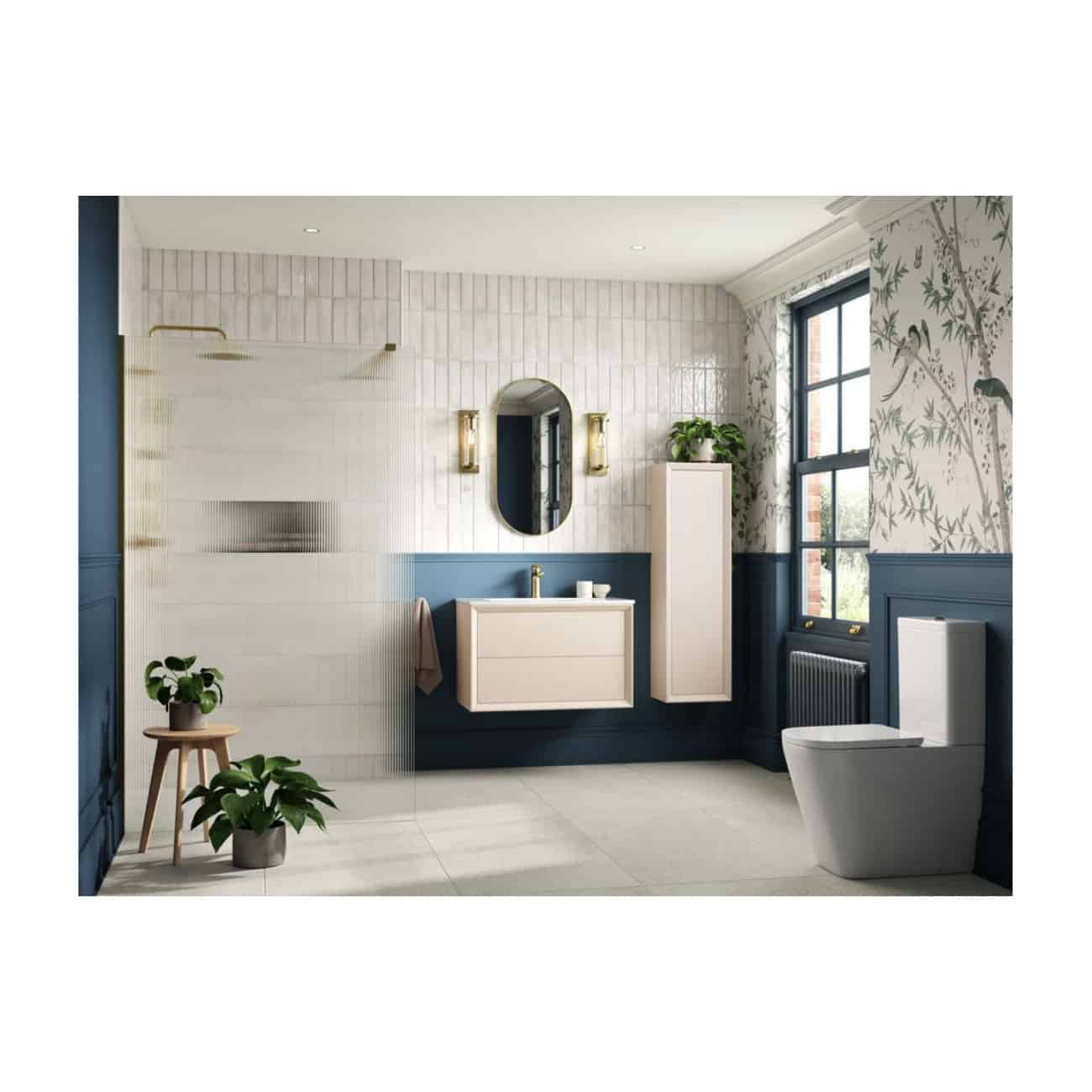 Modern bathroom with contemporary vanity, tall storage cabinet, decorative wallpaper, large window, twin wall-mounted lights, and a sleek toilet, featuring stylish blue and white colour scheme.