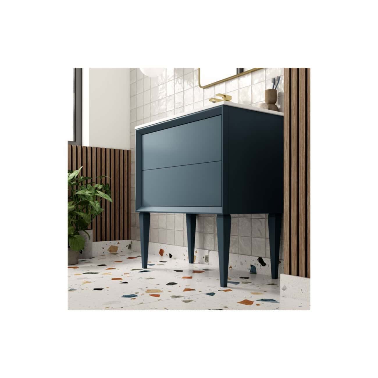 Modern blue bathroom vanity with drawers on tapered legs in a stylish contemporary bathroom setting.