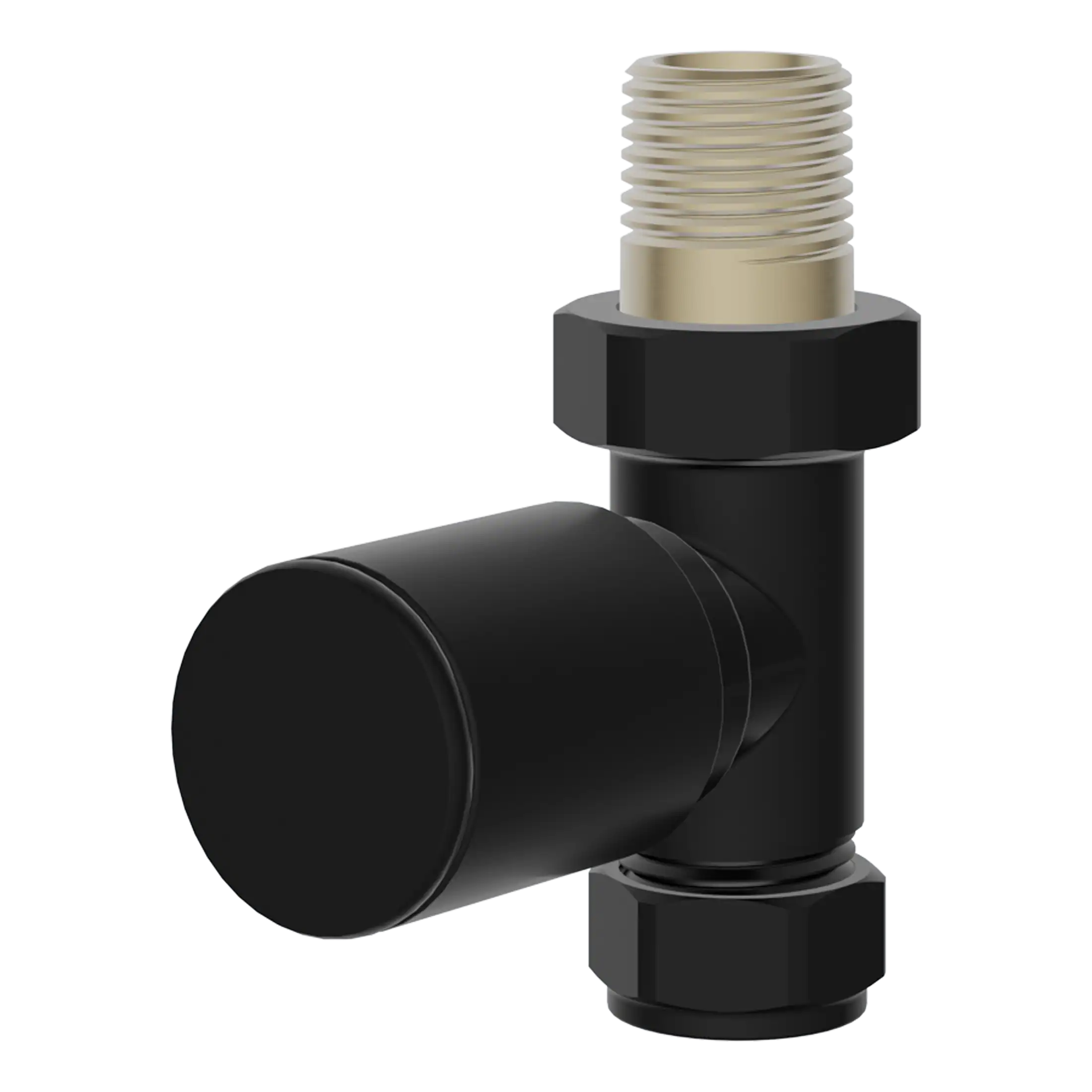 Brass compression valve fitting for bathroom plumbing, black finish, durablemounting for efficient water flow, ideal for bathtub, sink or toilet installations.