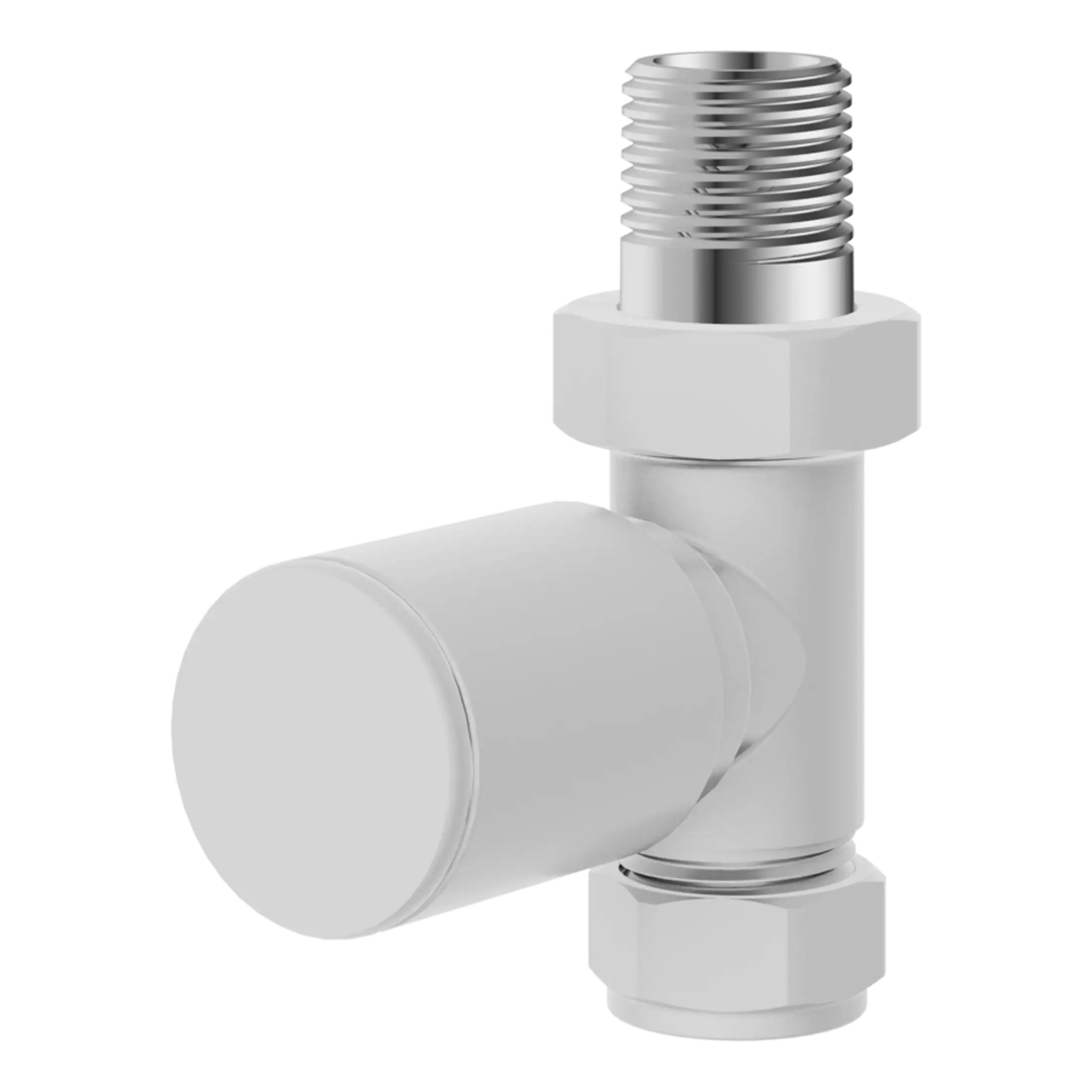 Brass radiator valve with white finish, used for controlling heating flow in modern bathroom radiators. Sleek design for efficient temperature regulation in Bubly Bathrooms installations.