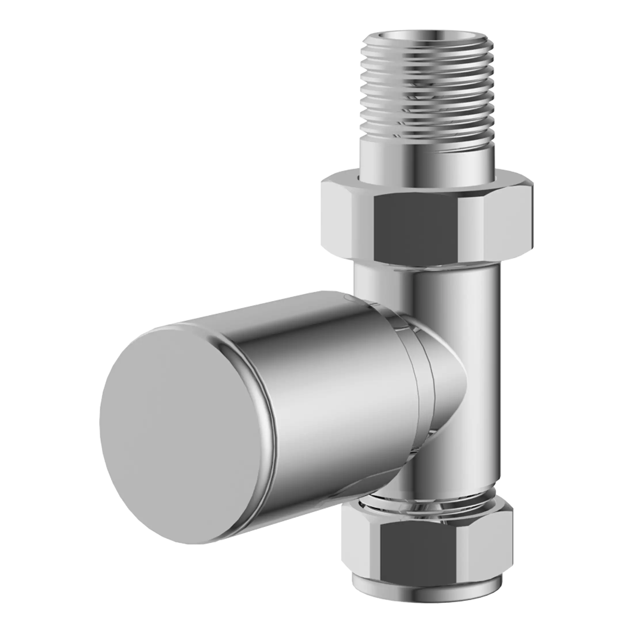Brass radiator valve fitting for bathroom heating systems, chrome finish, and easy to install. Suitable for modern and traditional bathroom radiators from Bubly Bathrooms.
