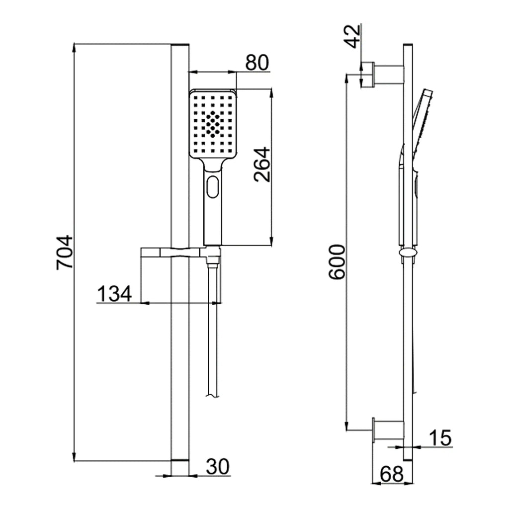Adjustable modern shower panel with detailed technical drawing, including dimensions for installation and design features for luxury bathrooms. Perfect fit for contemporary bathroom upgrades.