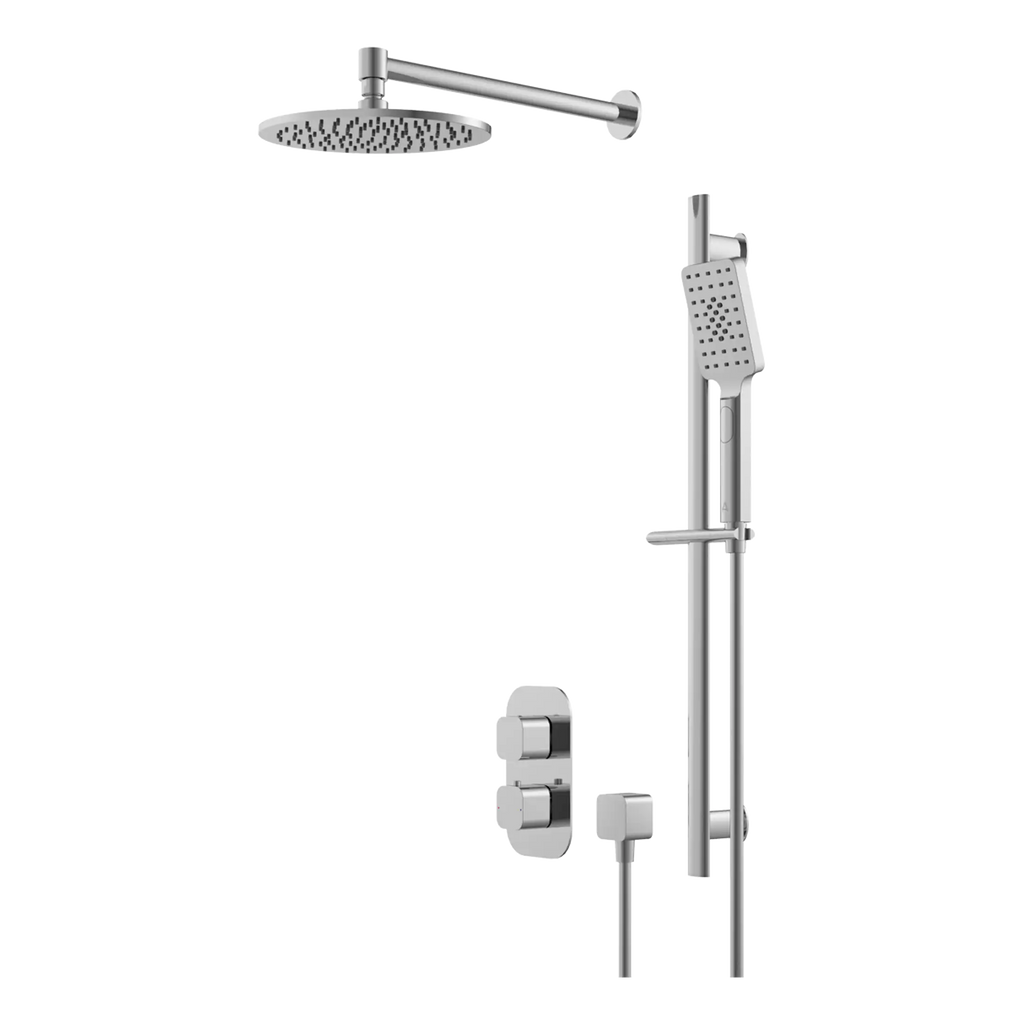 Sleek modern shower system with rainfall overhead shower, handheld shower head, and adjustable height rail in polished chrome finish. Perfect for luxury bathroom upgrades.
