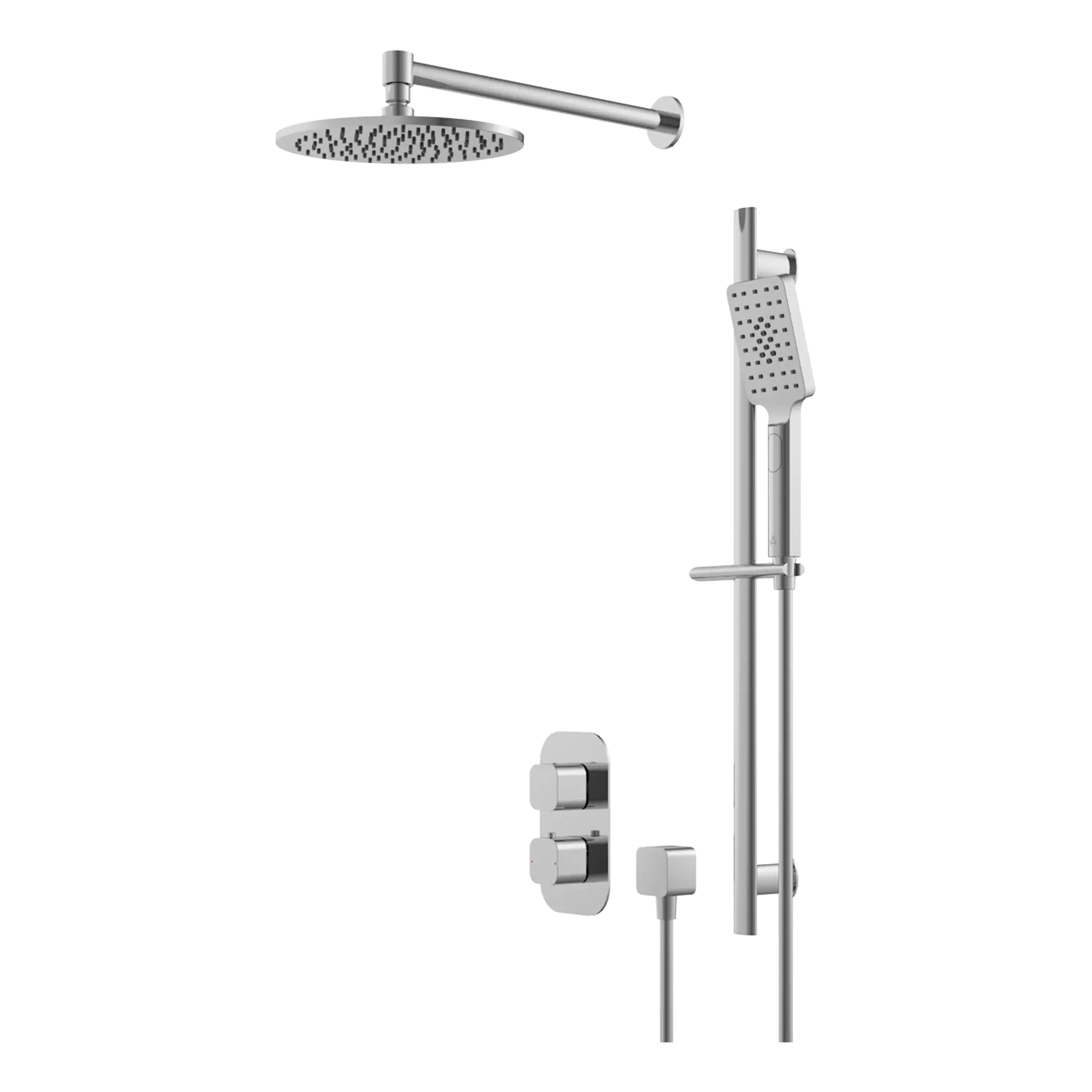 Sleek modern shower system with rainfall overhead shower, handheld shower head, and adjustable height rail in polished chrome finish. Perfect for luxury bathroom upgrades.