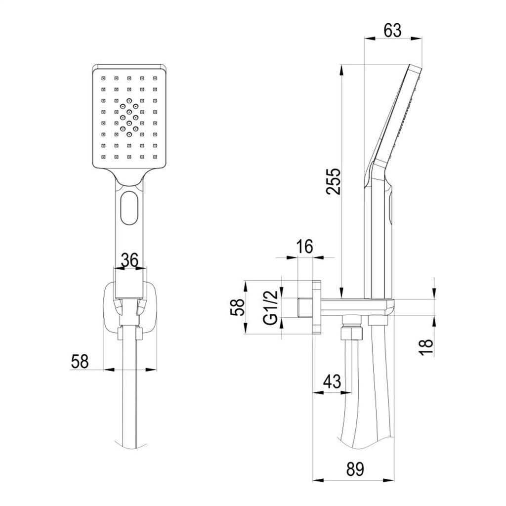 Modern showerhead technical drawing with precise measurements for bathroom bathroom renovation.