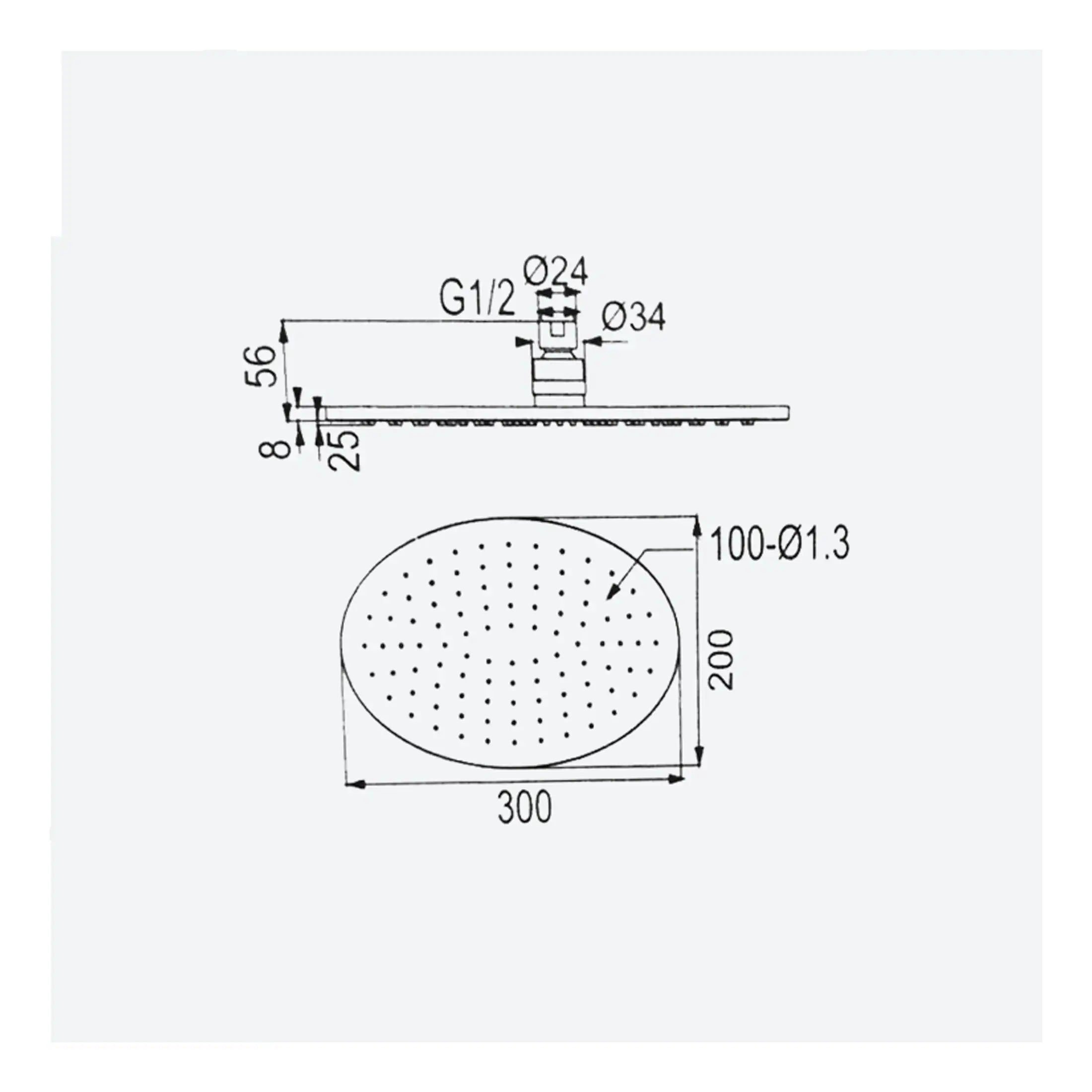High-quality ceiling shower head with adjustable spray pattern, designed for modern bathrooms, featuring detailed technical specifications for optimal installation and performance.