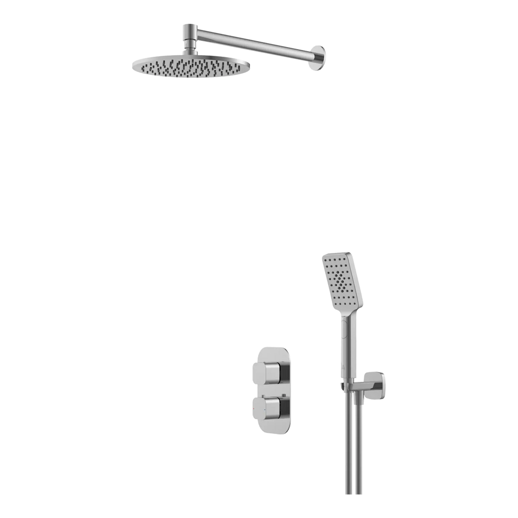 Sleek, modern shower system with overhead rain shower and handheld shower head for luxury bathroom experiences. Chrome finish adds stylish appeal to contemporary bathrooms.