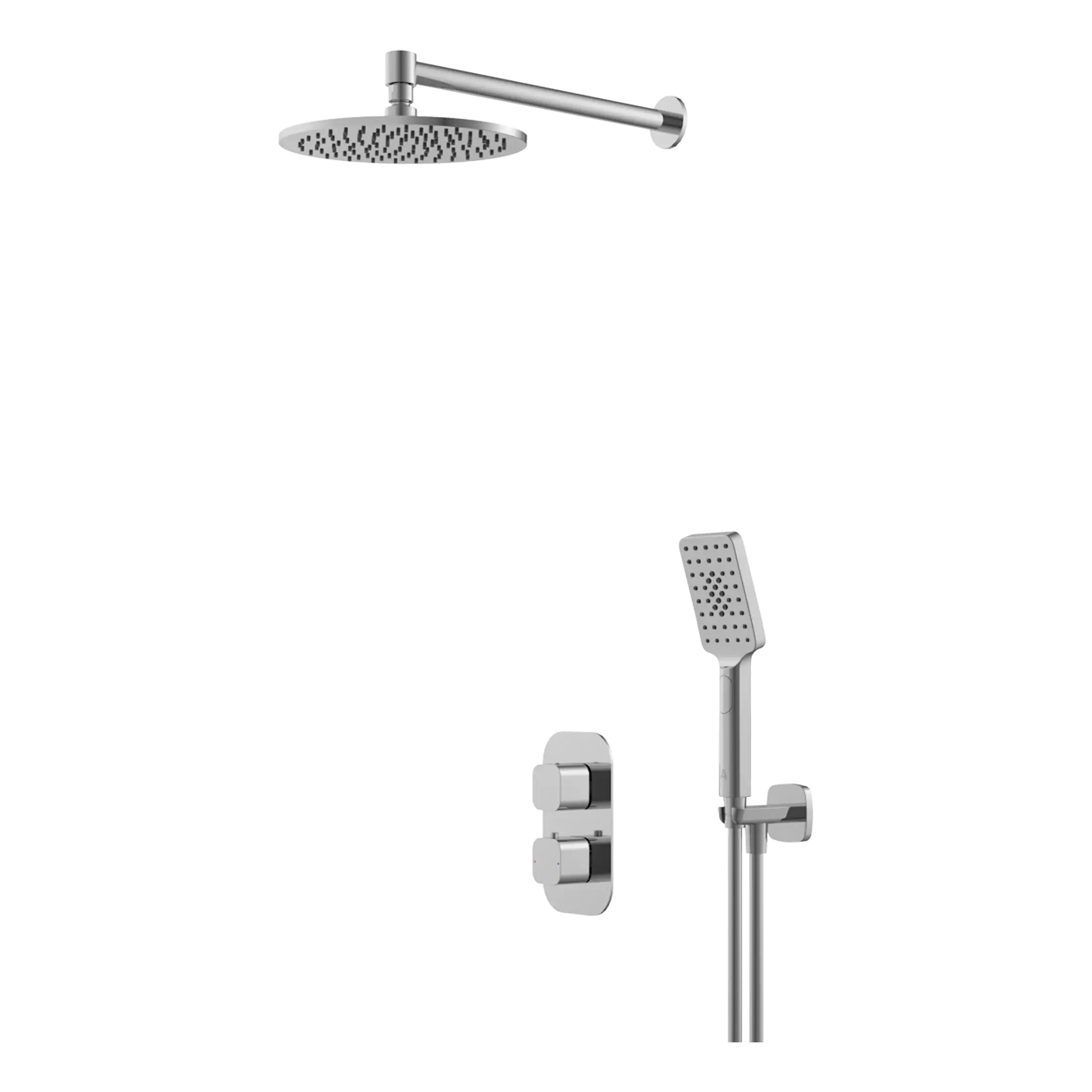 Sleek, modern shower system with overhead rain shower and handheld shower head for luxury bathroom experiences. Chrome finish adds stylish appeal to contemporary bathrooms.