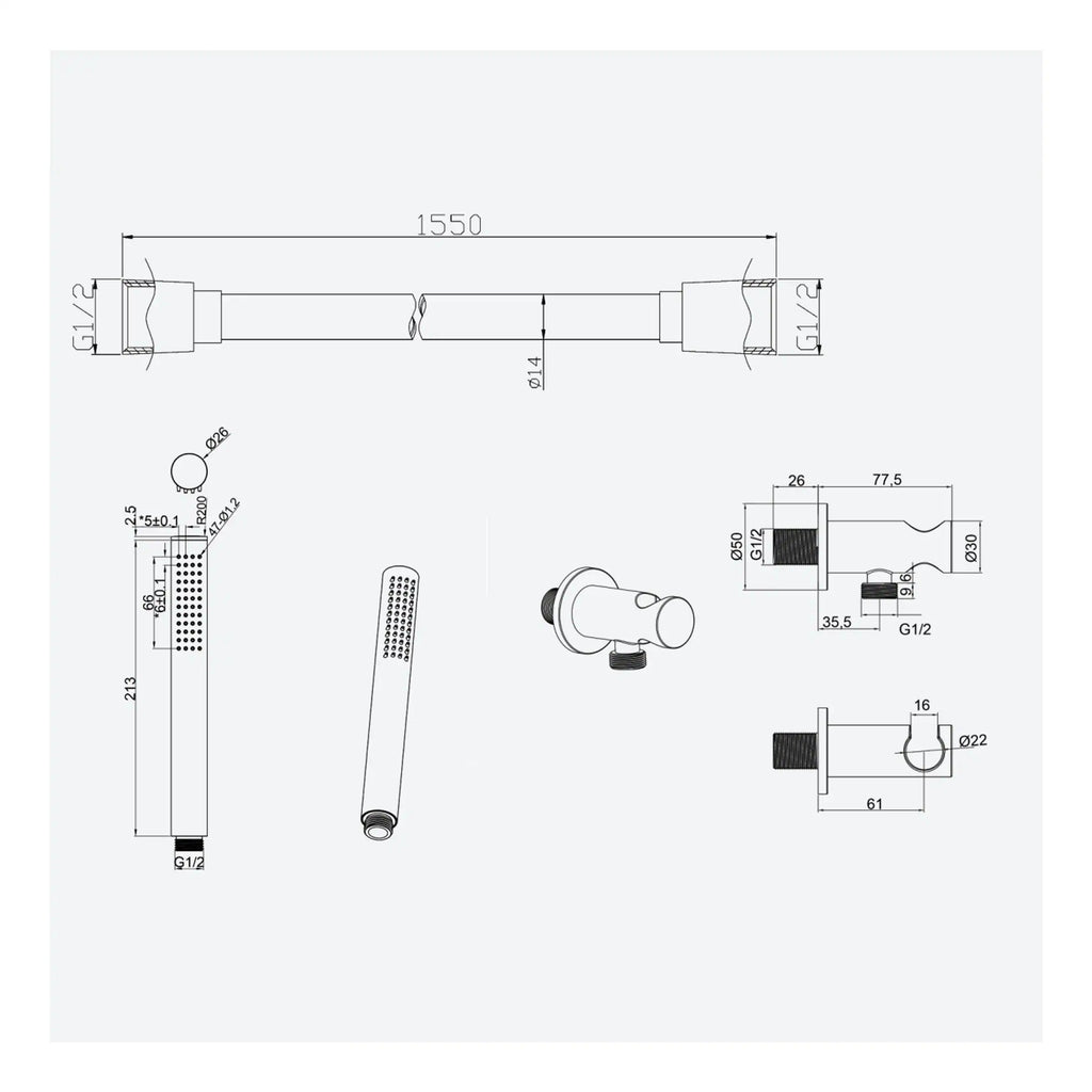 Flexible shower hose, 1550mm long, with 1/2 inch connectors, ideal for bathroom shower systems, durable and easy to install.
