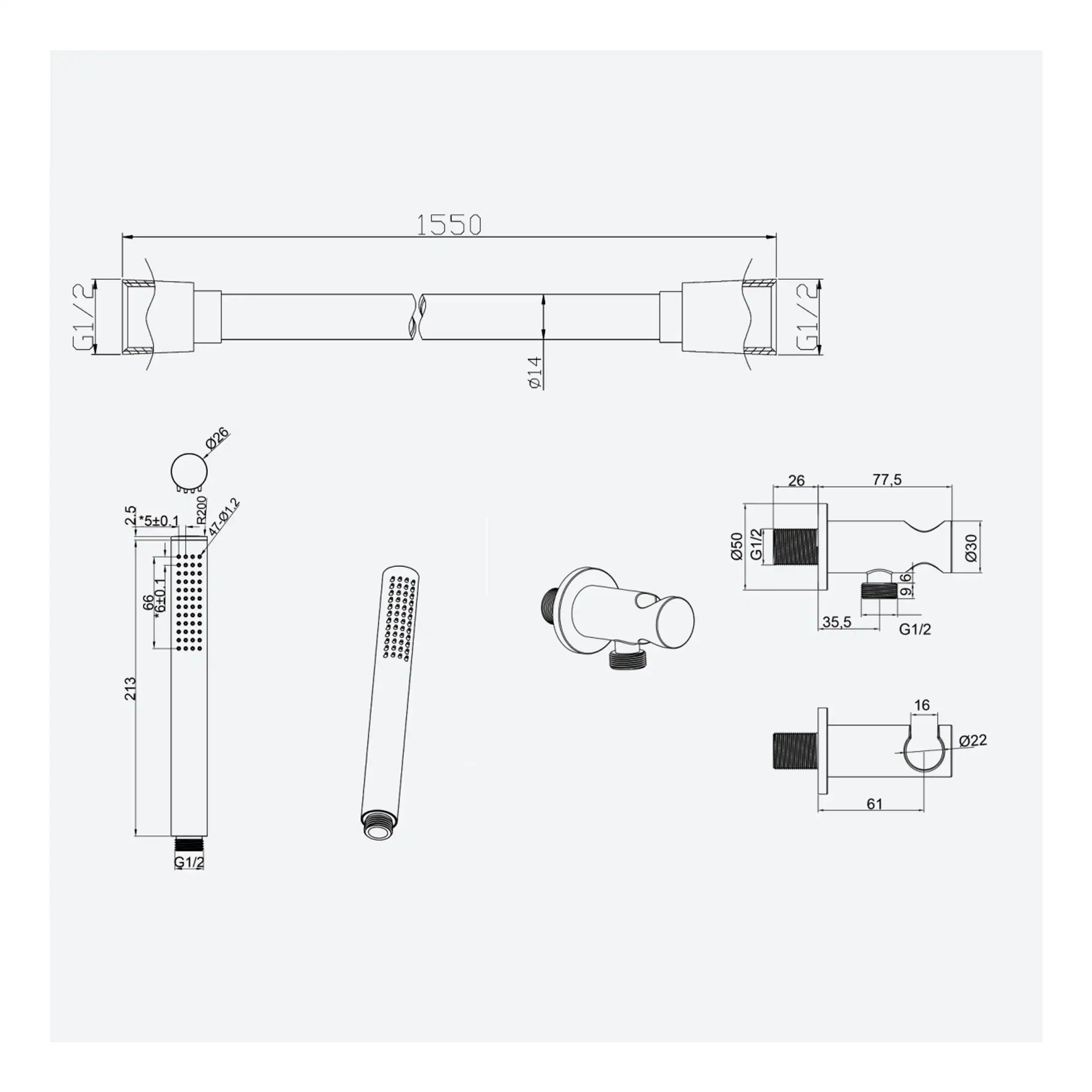 Flexible shower hose, 1550mm long, with 1/2 inch connectors, ideal for bathroom shower systems, durable and easy to install.