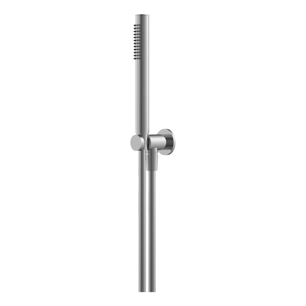 Polished chrome handheld shower head with adjustable height and modern design for luxurious bathroom installations.