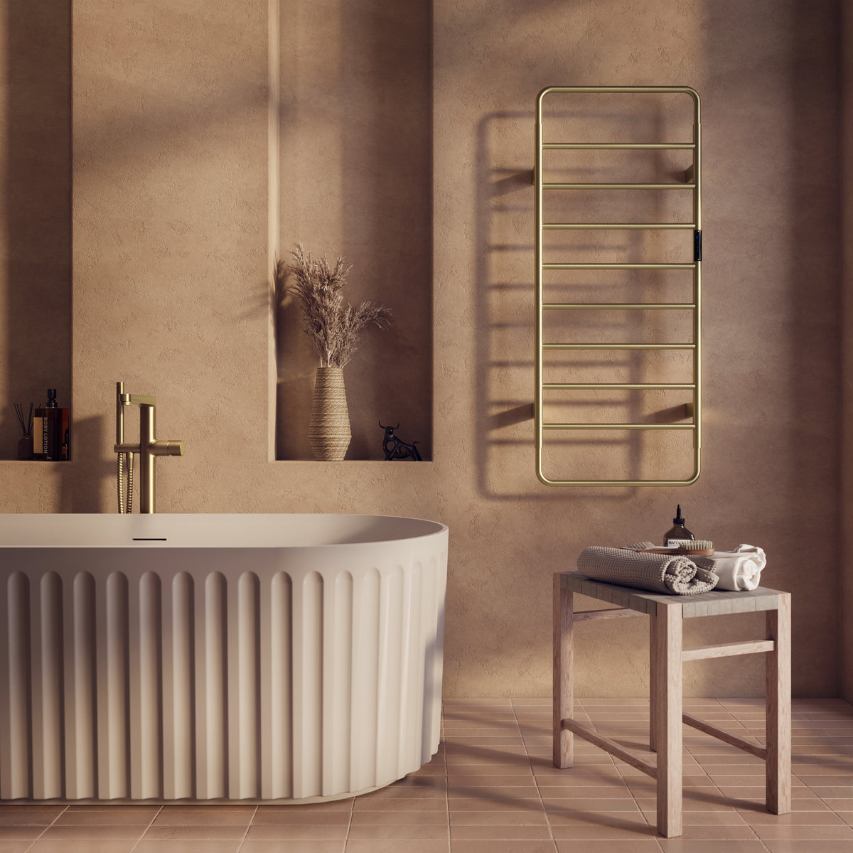 Scudo Aura Electric Towel Rail 1200 x 500mm, Brushed Brass in a bathroom setting