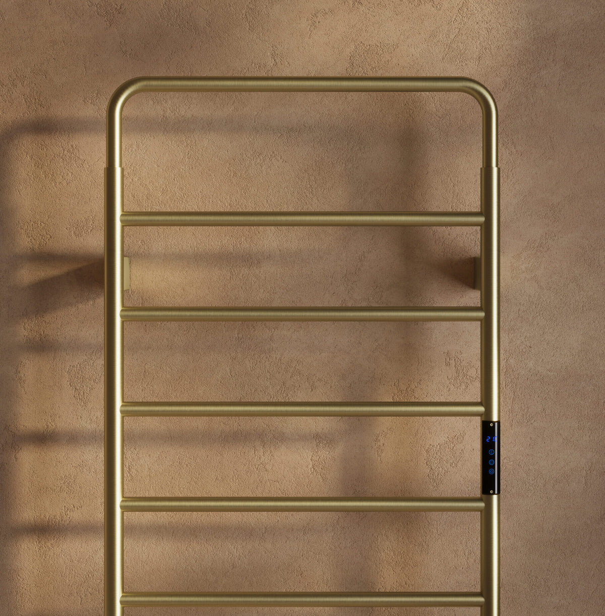 Scudo Aura Electric Towel Rail 1200 x 500mm, Brushed Brass in a bathroom setting