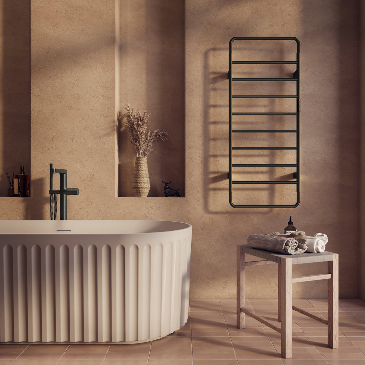 Scudo Aura Electric Towel Rail 1200 x 500mm, Matt Black in a bathroom setting