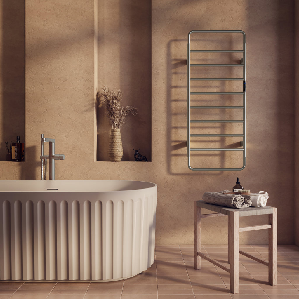 Scudo Aura Electric Towel Rail 1200 x 500mm, Brushed Nickel in a bathroom setting