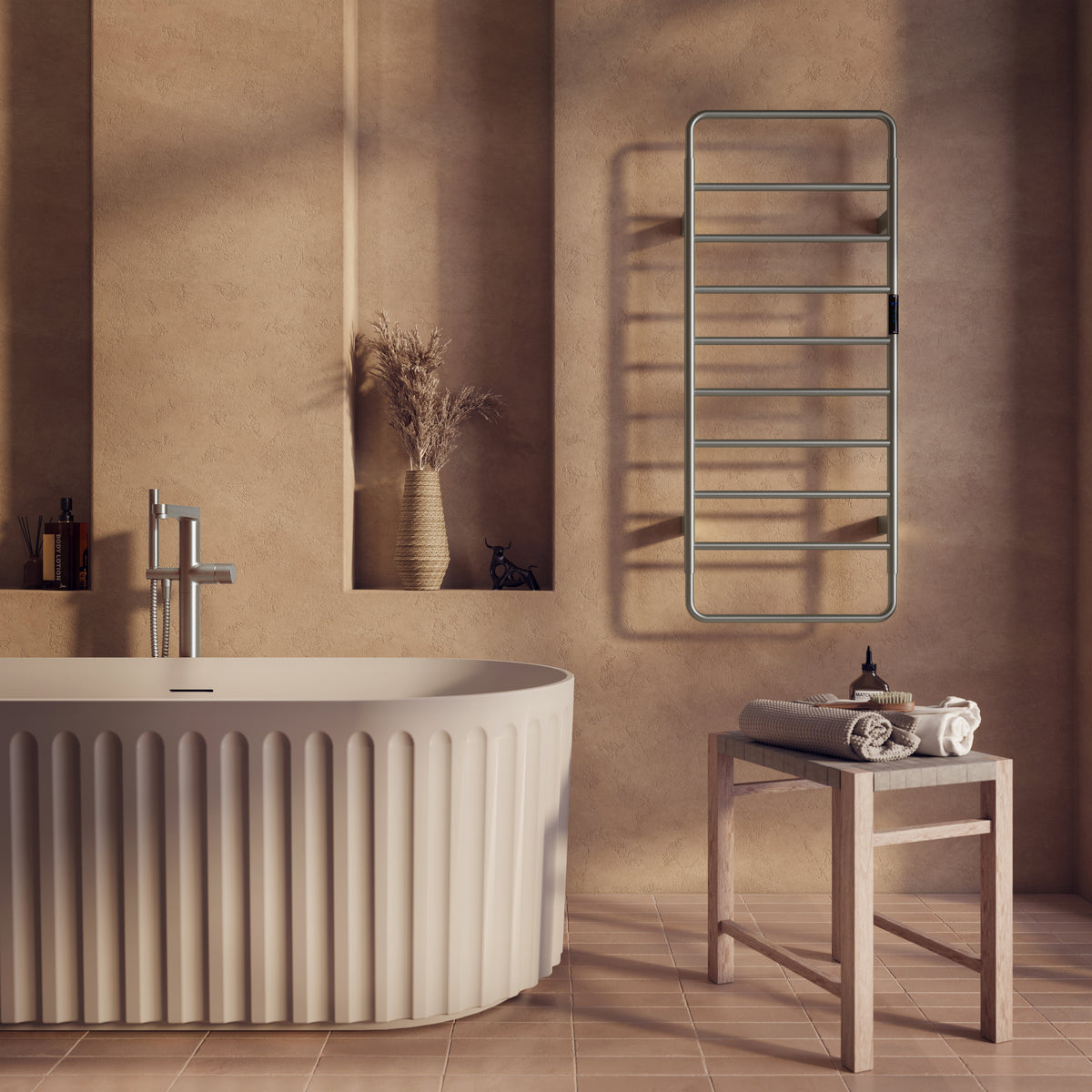 Scudo Aura Electric Towel Rail 1200 x 500mm, Brushed Nickel in a bathroom setting