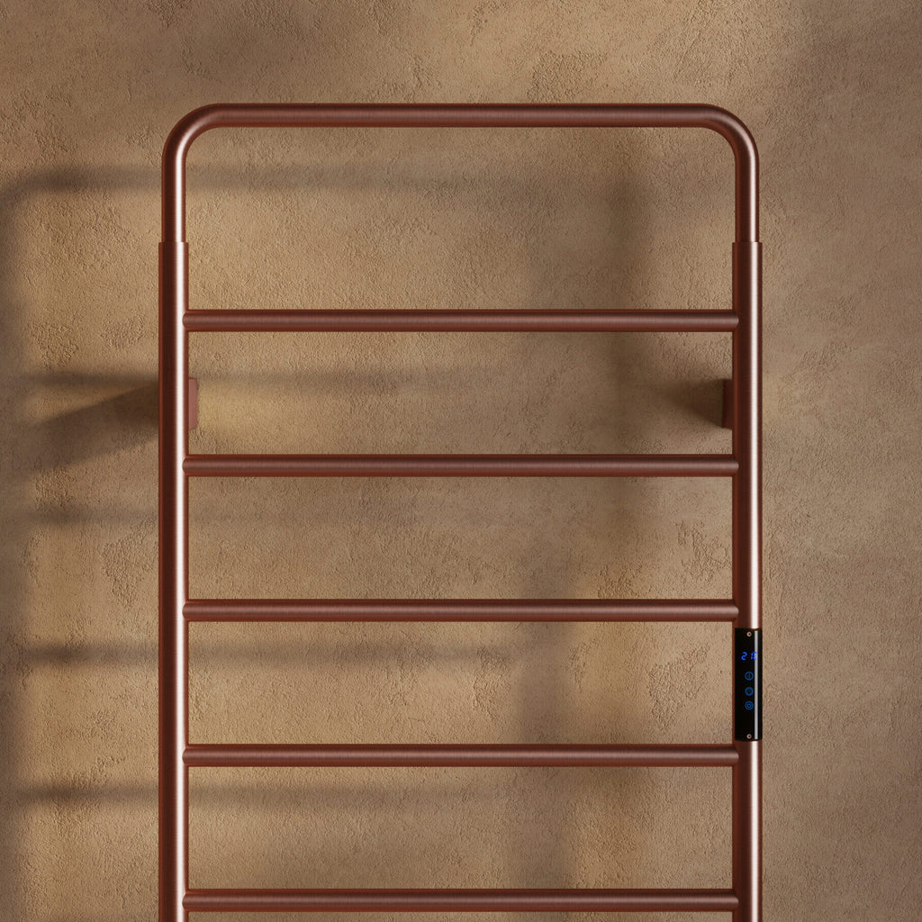Scudo Aura Electric Towel Rail 1200 x 500mm, Brushed Bronze in a bathroom setting
